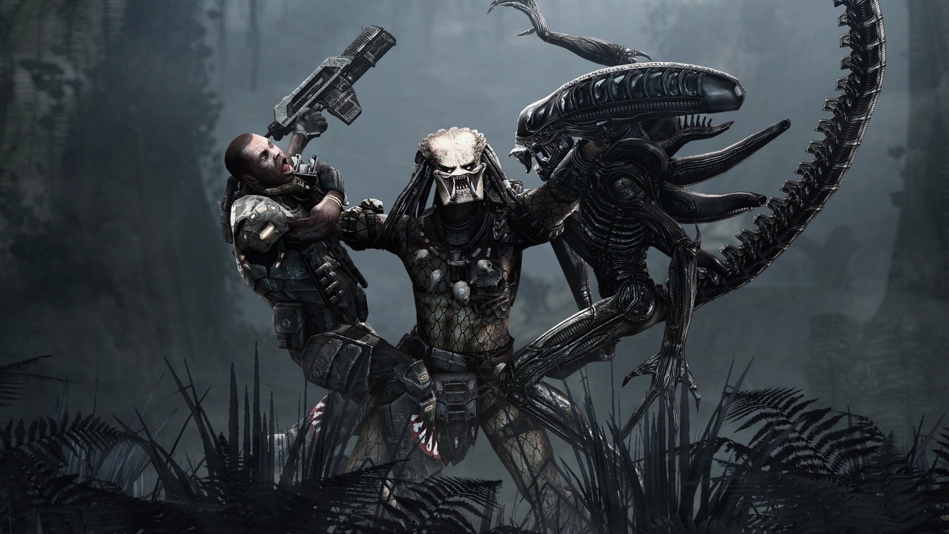 General 1920x1080 artwork aliens men gun battle science fiction Xenomorph video games PC gaming video game art Alien vs. Predator (Video Game) creature space marines video game men Science Fiction Men