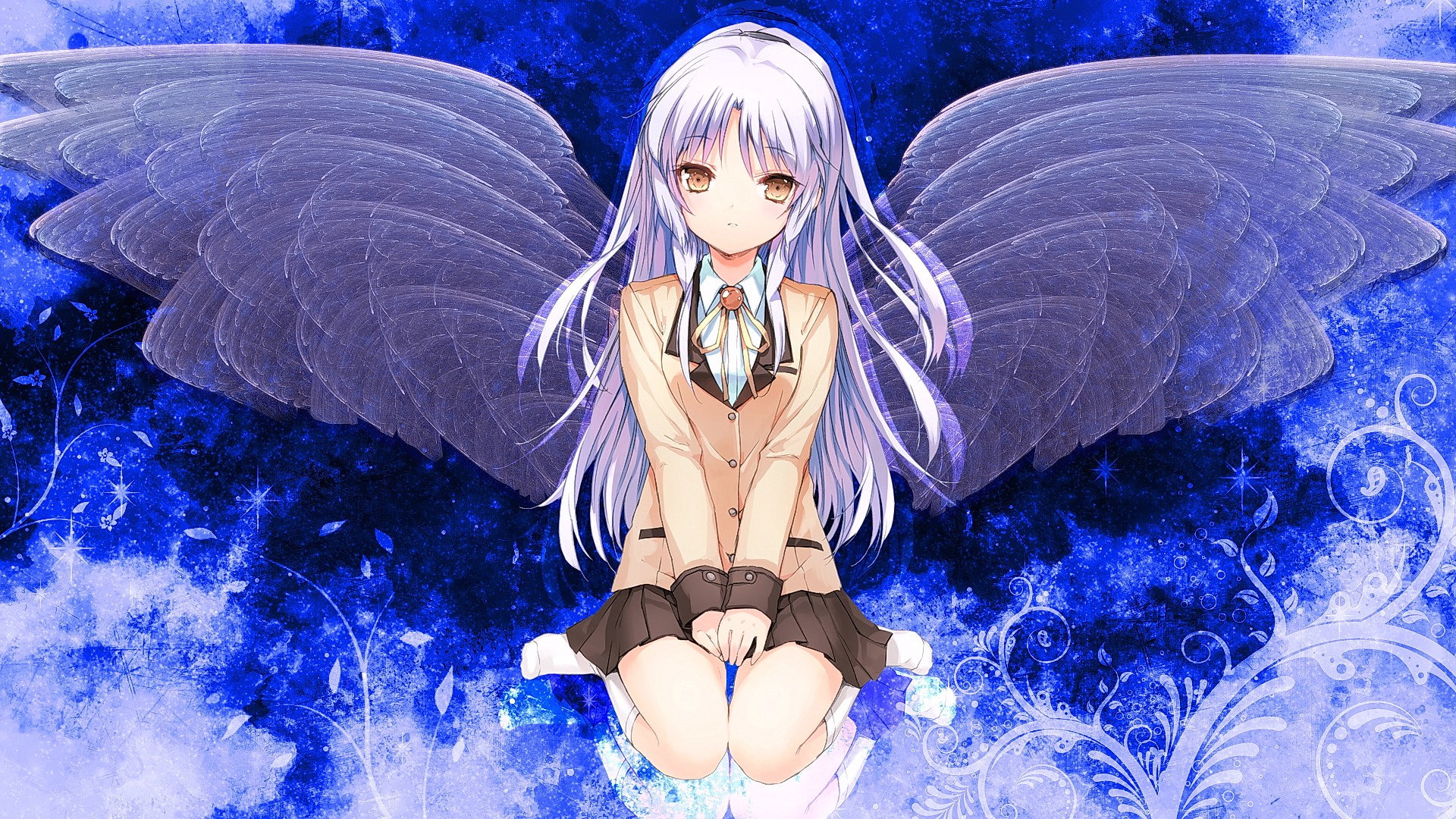 Anime 1920x1080 anime girls Angel Beats! Tachibana Kanade anime long hair purple hair wings kneeling miniskirt hazel eyes looking at viewer