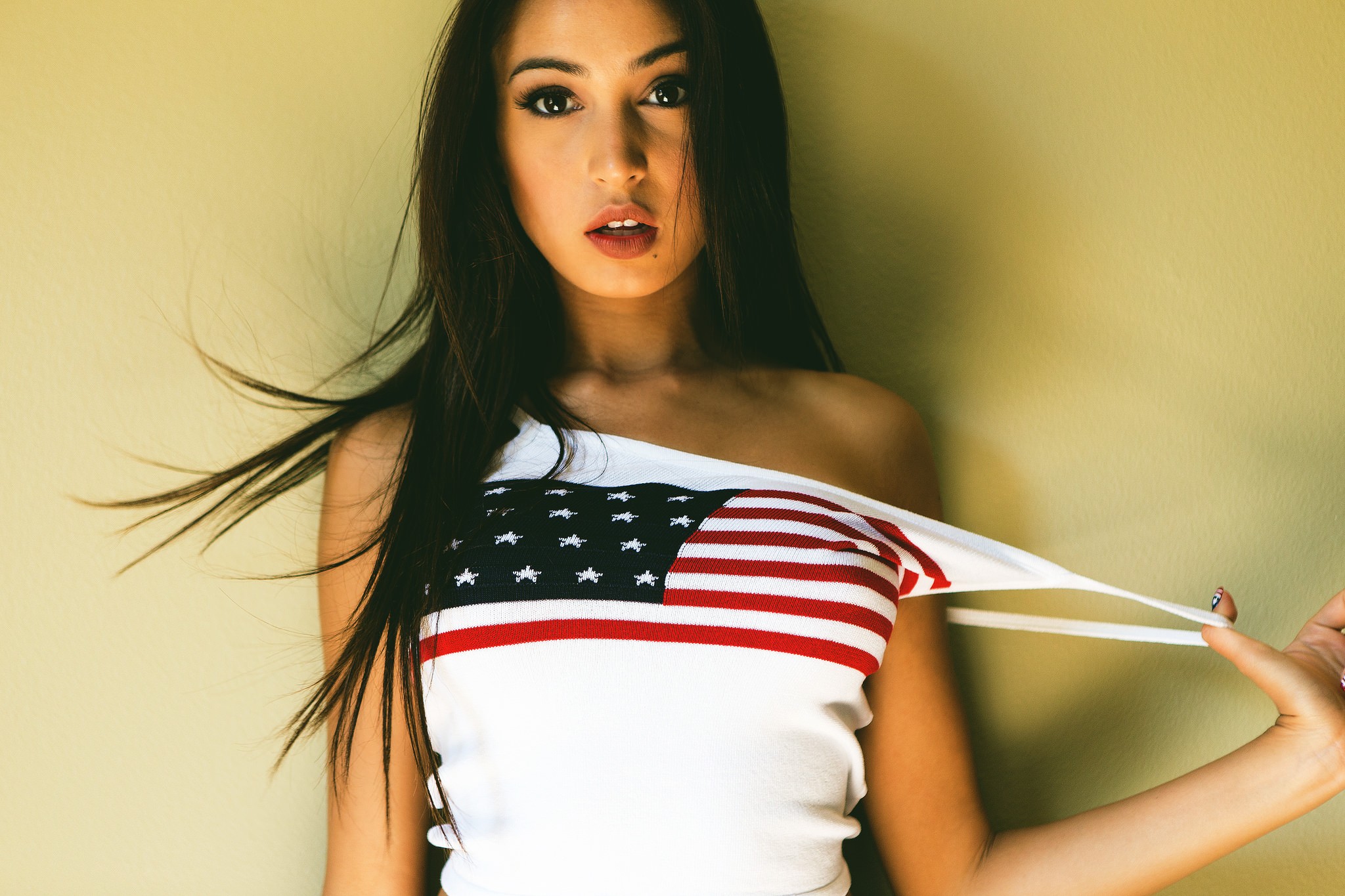 People 2048x1365 women portrait open mouth T-shirt Jaslin Sky American flag white tops pulling clothing women indoors dark hair simple background