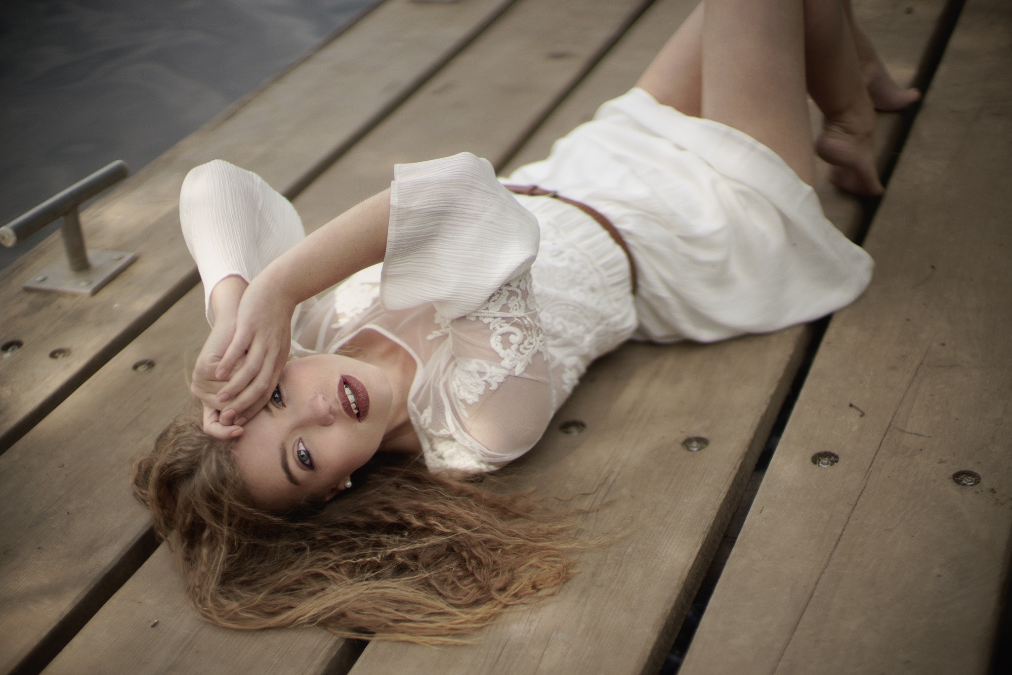 People 2048x1365 women model blonde blue eyes white dress juicy lips lying down feet pier see-through clothing looking at viewer red lipstick long hair