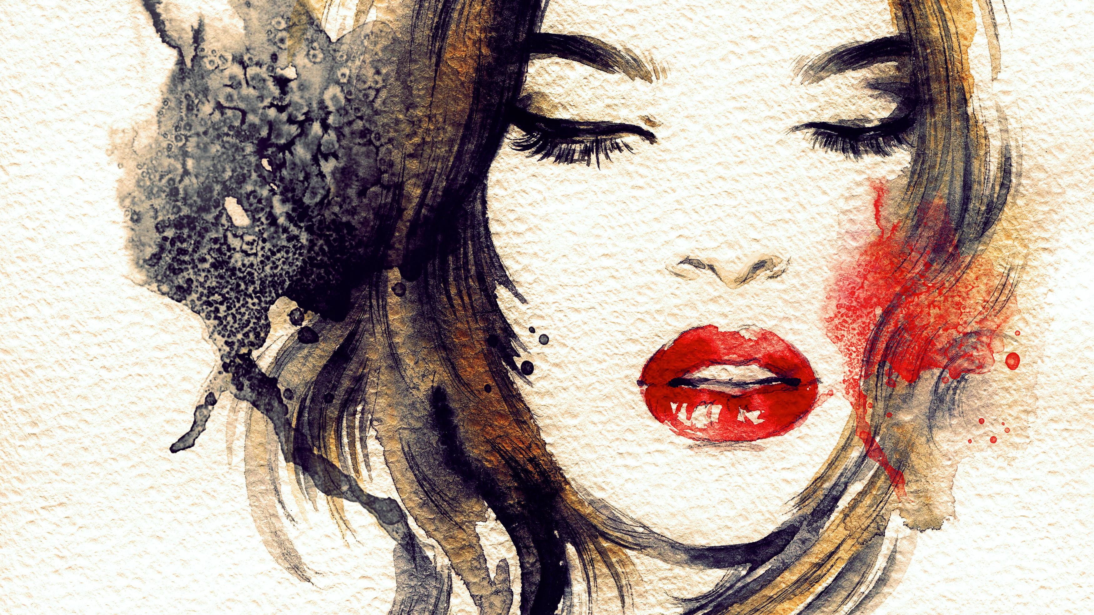 General 3500x1969 painting women red lipstick face artwork closed eyes portrait closeup