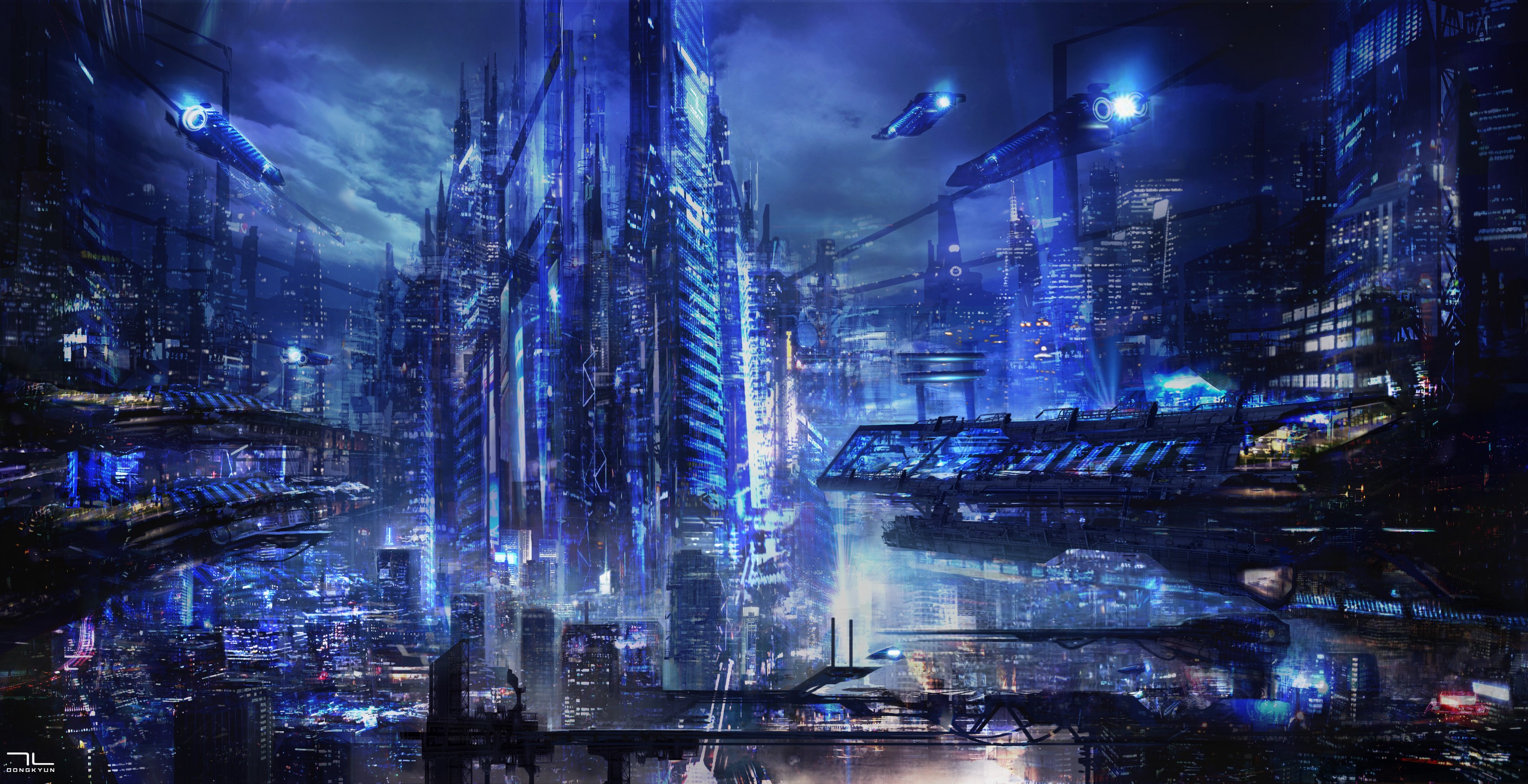 General 3294x1691 futuristic cyberpunk science fiction digital art artwork cityscape