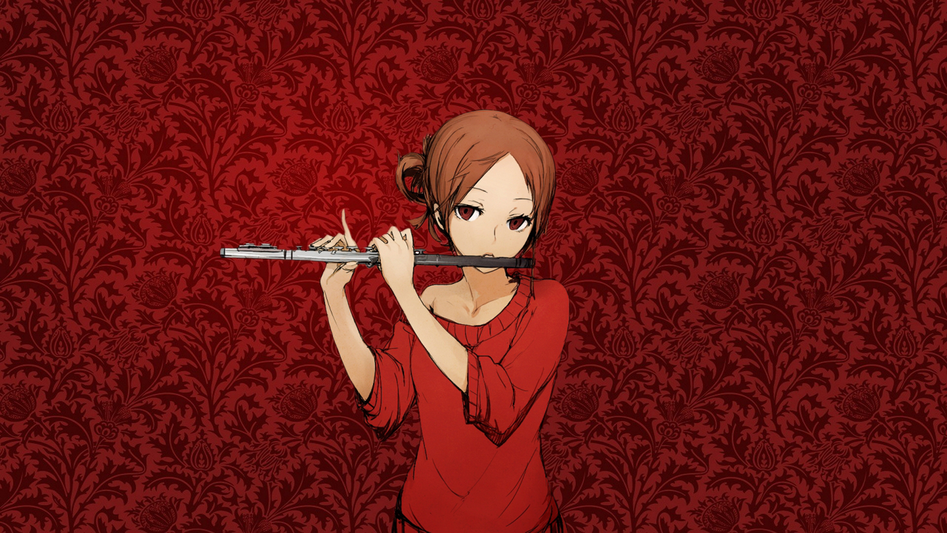 Anime 1920x1080 music orchestra anime girls flute original characters anime red background musical instrument red eyes looking at viewer brunette