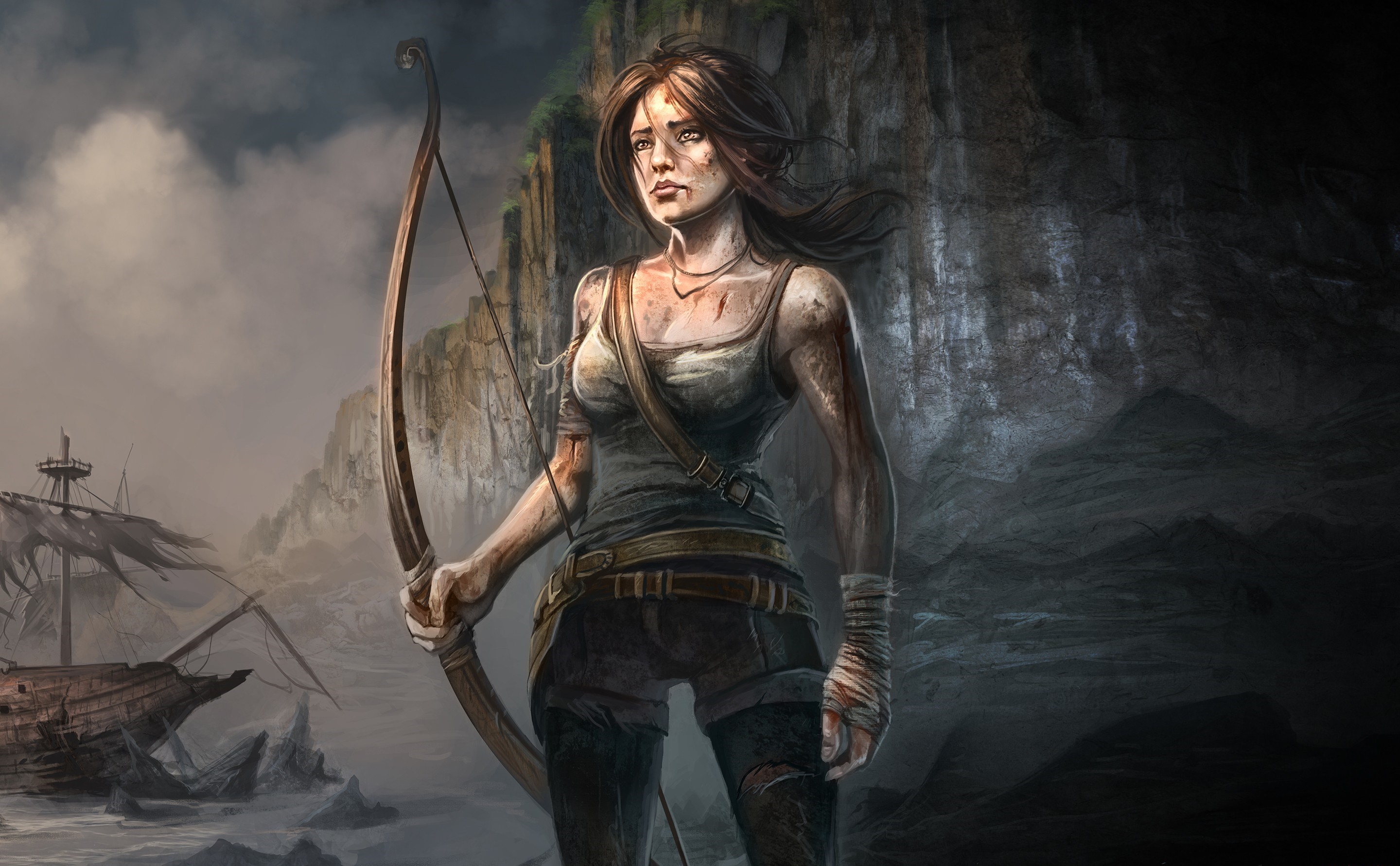 General 2880x1781 video games artwork Tomb Raider women bow PC gaming video game art video game girls brunette wounds bandages blood shipwreck Lara Croft (Tomb Raider) fan art video game characters