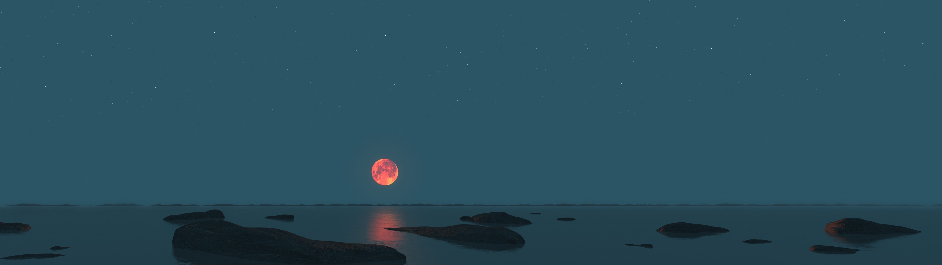 General 3840x1080 landscape sunset lake sea nature Moon night artwork digital art