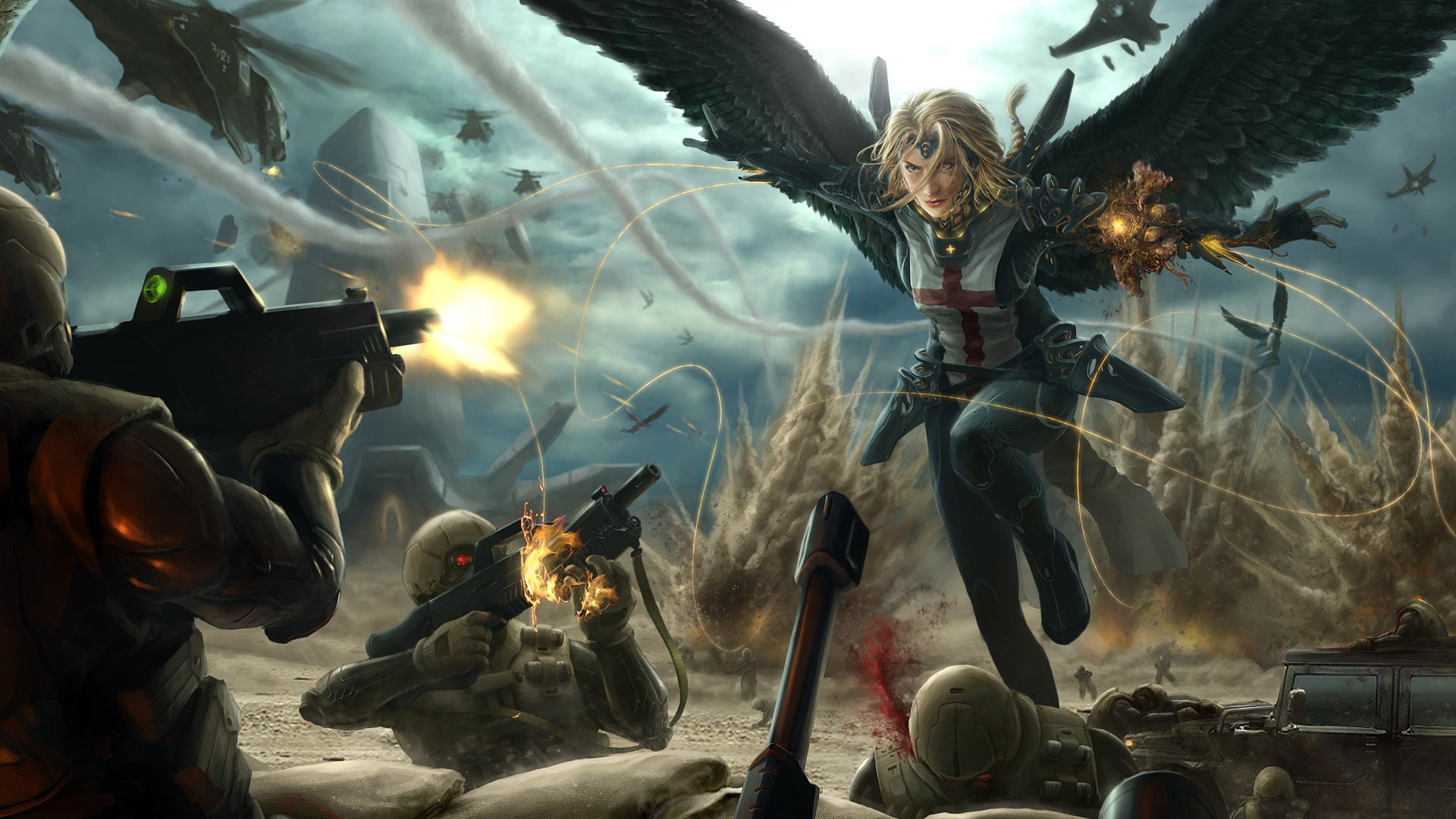 General 1920x1080 futuristic angel fantasy girl blonde battle blood military helicopters women weapon science fiction science fiction women