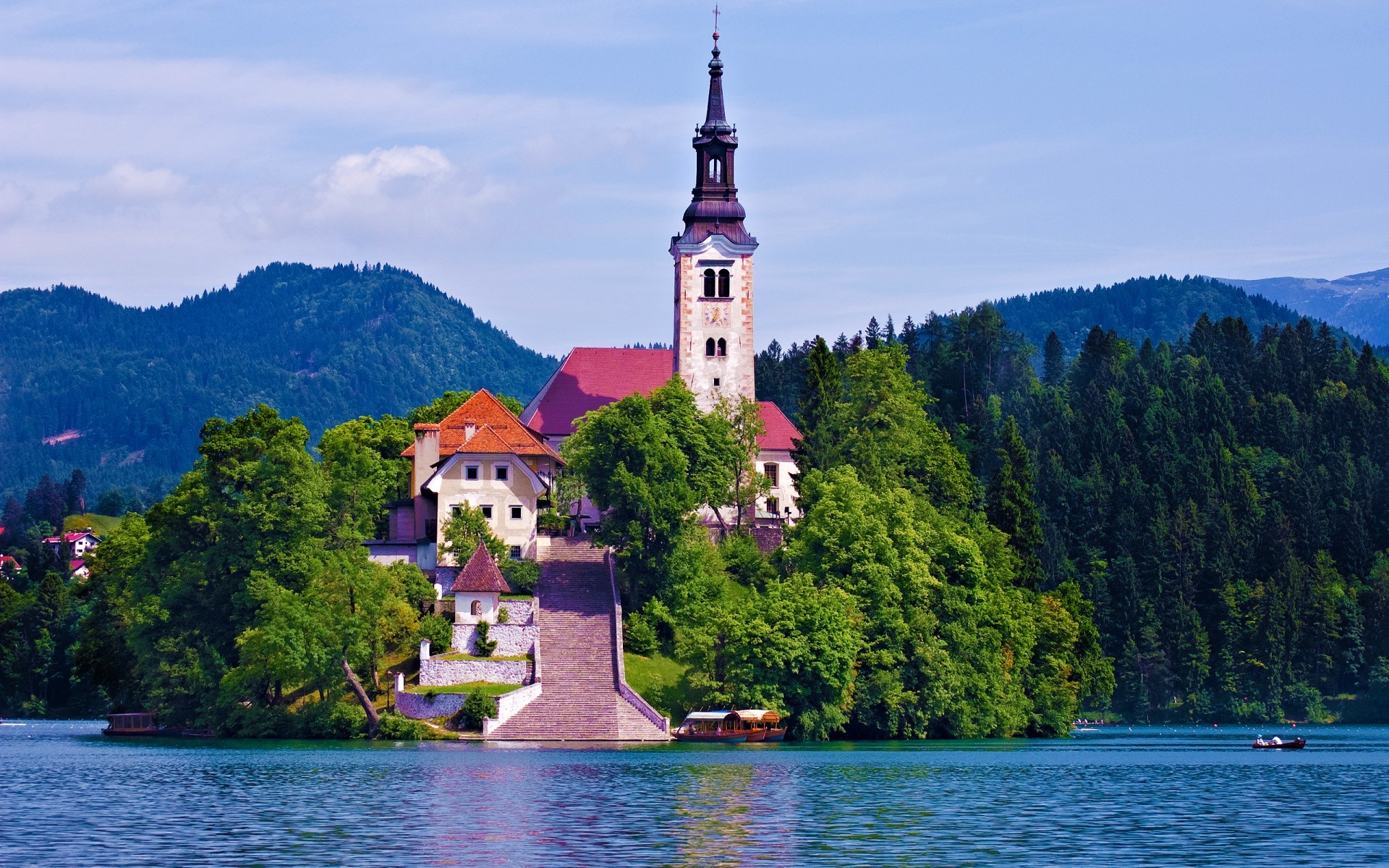 General 1920x1200 island lake nature landscape building outdoors water boat Lake Bled Slovenia
