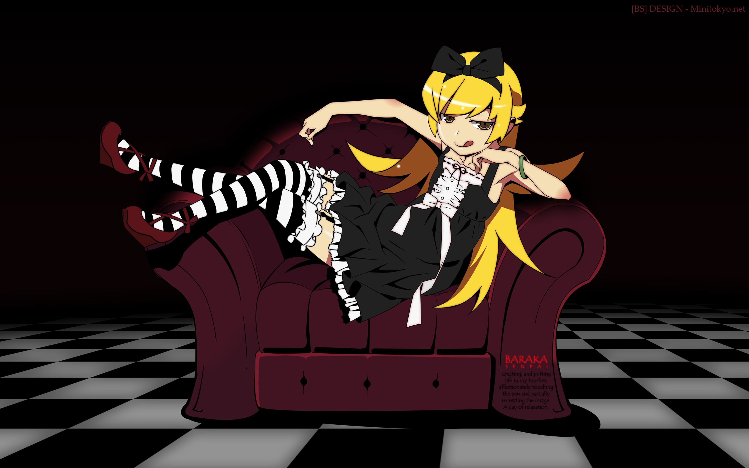 Anime 2560x1600 anime Monogatari Series Oshino Shinobu blonde tongue out thigh-highs anime girls striped stockings long hair couch stockings looking at viewer chess floor