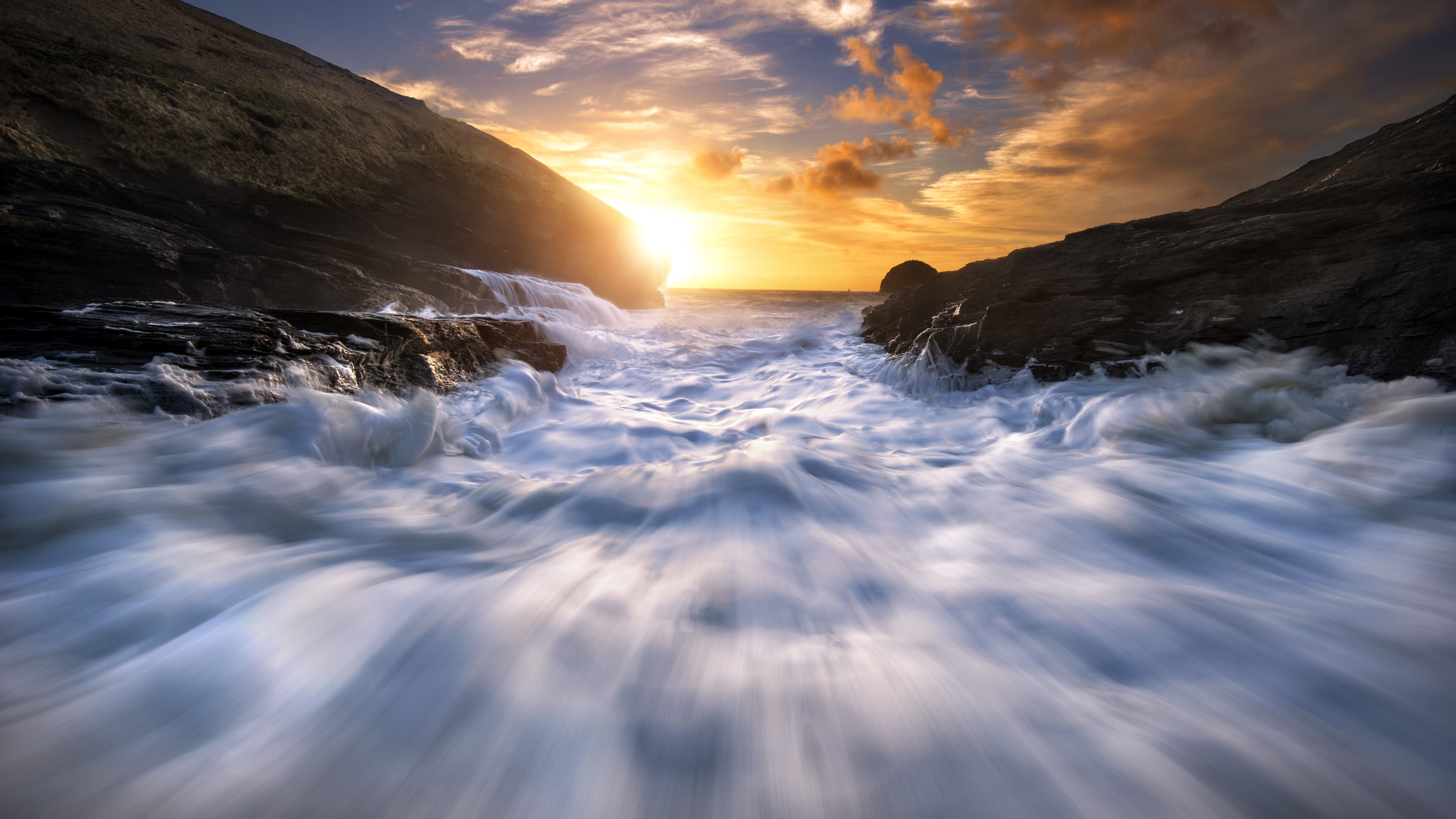 General 5120x2880 photography nature sunset long exposure water waves rocks