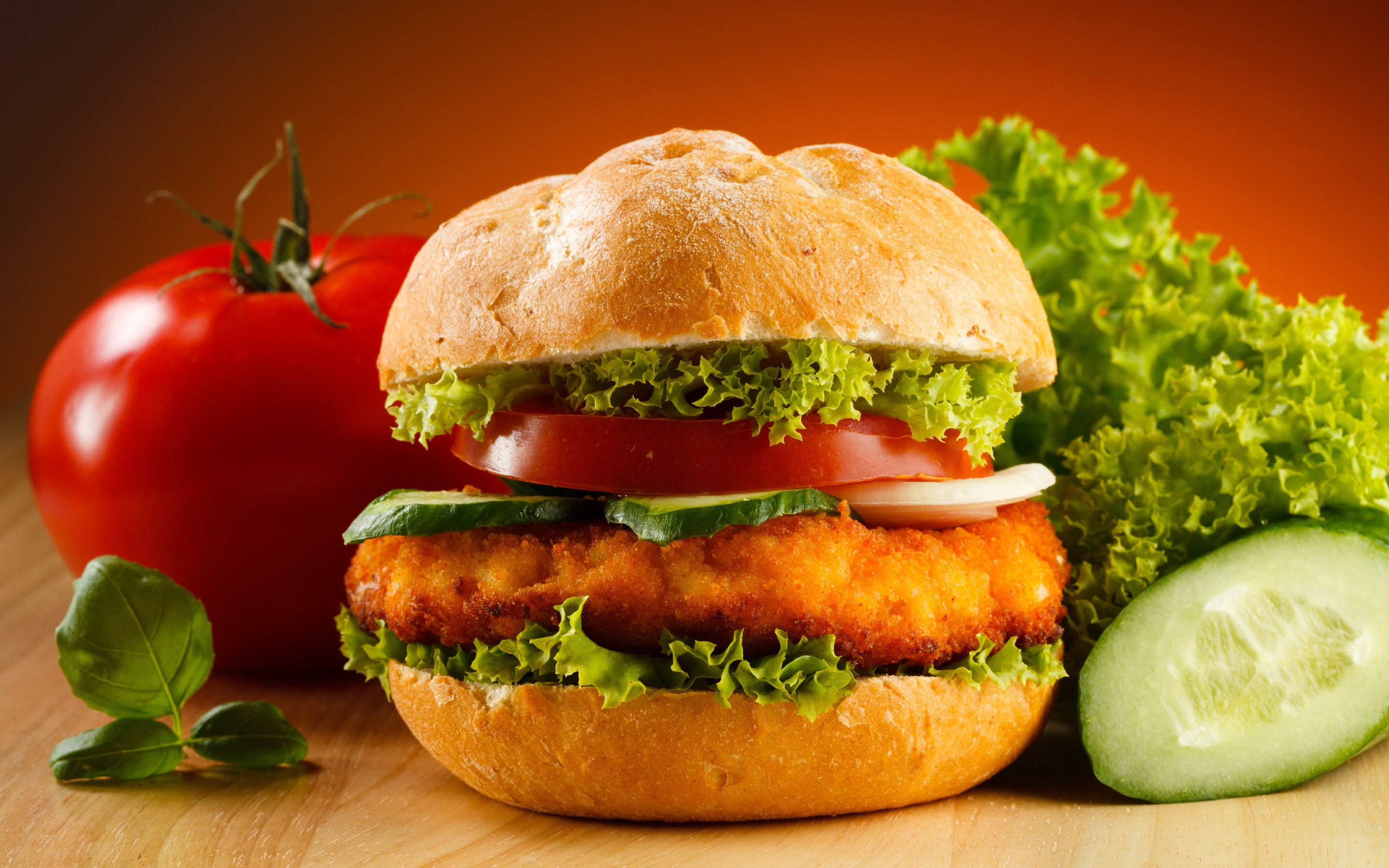 General 2880x1800 burgers food tomatoes vegetables meat pickles salad red background closeup