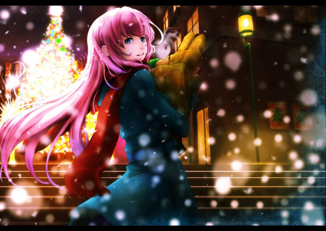 Anime 1280x906 Vocaloid Megurine Luka pink hair snow long hair anime anime girls food bread lantern city Christmas snowflakes holiday blue eyes women outdoors urban scarf