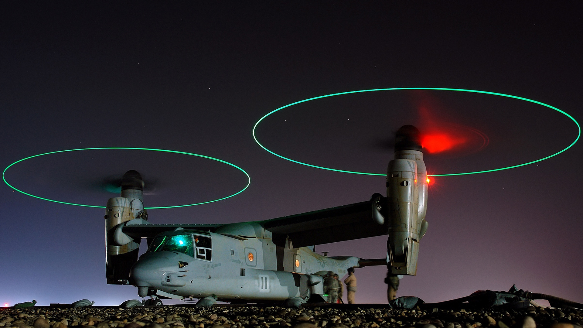 General 1920x1080 military military aircraft United States Marine Corps marines military vehicle Boeing-Bell V-22 Osprey vehicle tiltrotor night long exposure Second Gulf War Iraq 2008 (Year) refueling light trails American aircraft Boeing