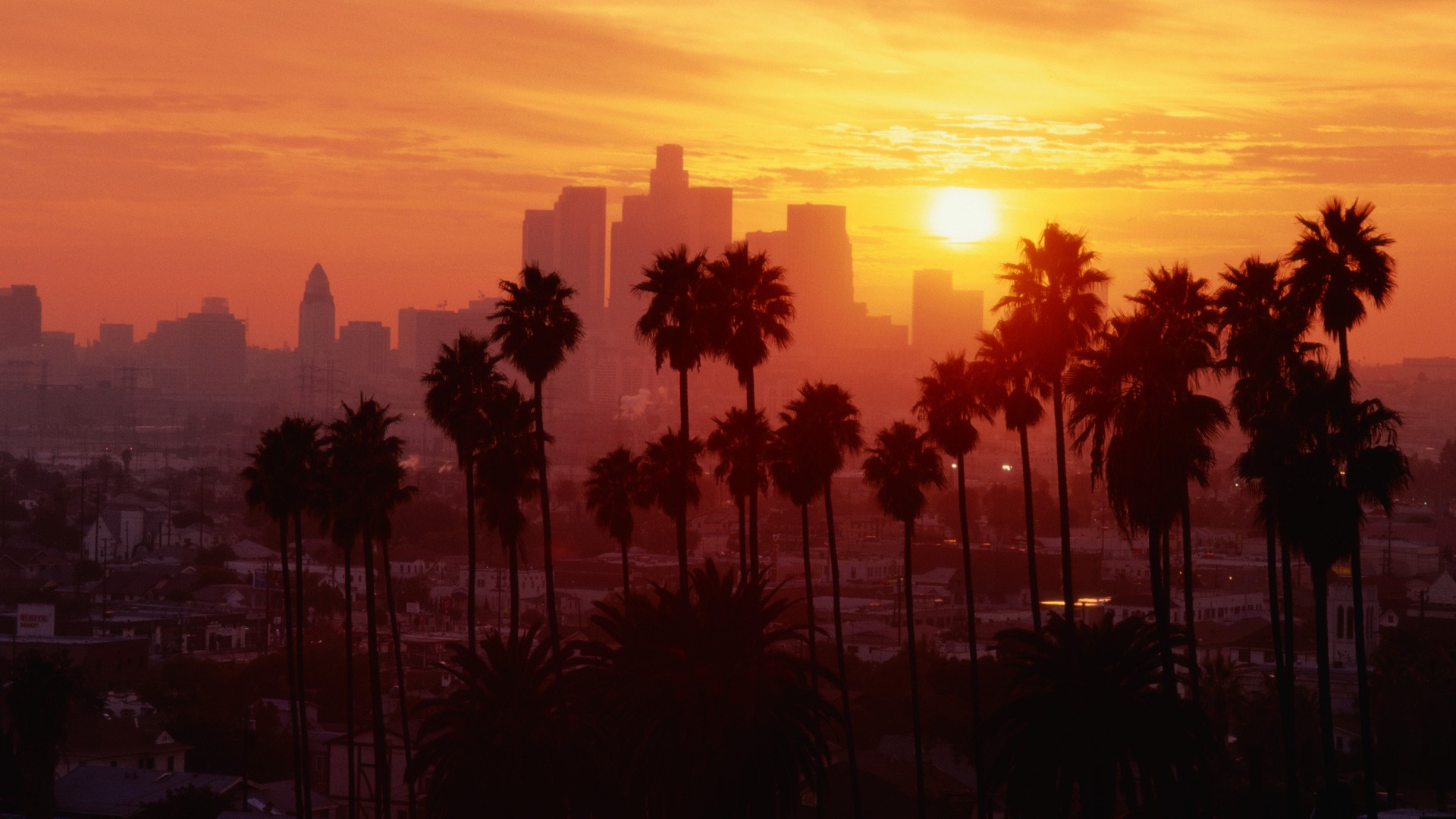 General 1920x1080 Los Angeles sunset cityscape silhouette palm trees USA sunlight sky