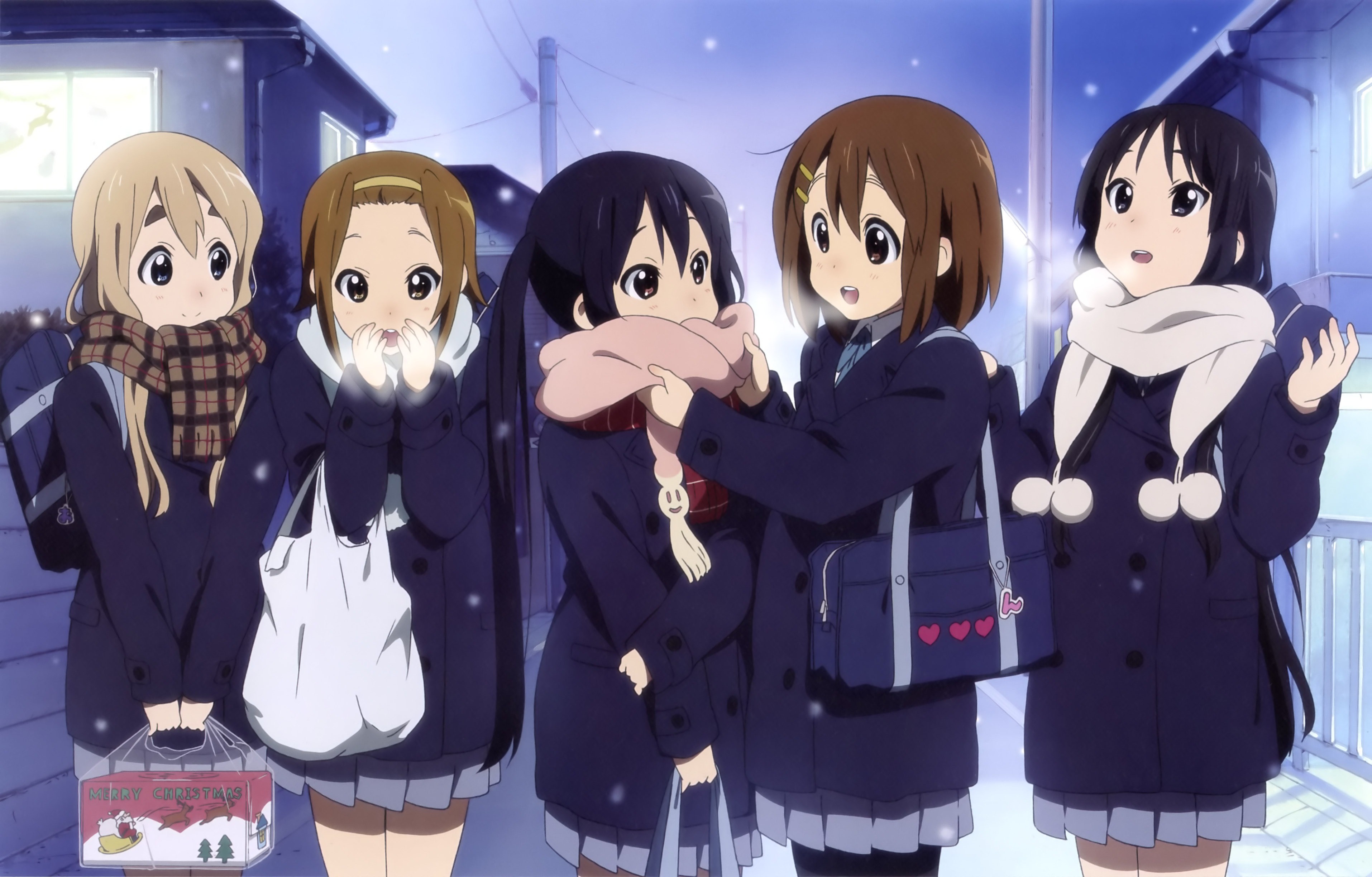 Anime 3829x2448 anime winter K-ON! Kotobuki Tsumugi Tainaka Ritsu Nakano Azusa Hirasawa Yui Akiyama Mio anime girls cold scarf group of women women outdoors urban ice snow