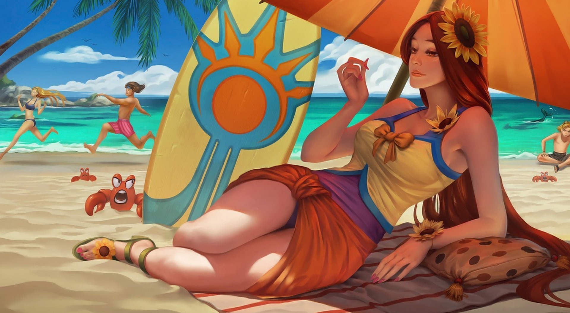 General 1919x1056 artwork League of Legends pool party Leona (League of Legends) PC gaming video game girls sunflowers women on beach beach women outdoors flower in hair legs together