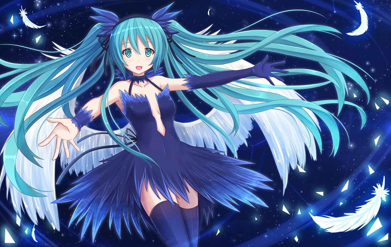 Anime 1366x863 Vocaloid Hatsune Miku wings feathers long hair twintails thigh-highs ribbon anime girls anime