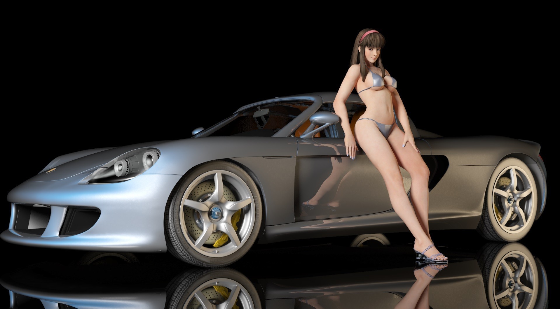 General 1919x1060 artwork Hitomi (Dead or Alive) CGI car vehicle women with cars belly boobs legs looking at viewer simple background black background bikini brunette video game girls Dead or Alive video games video game art video game warriors video game characters