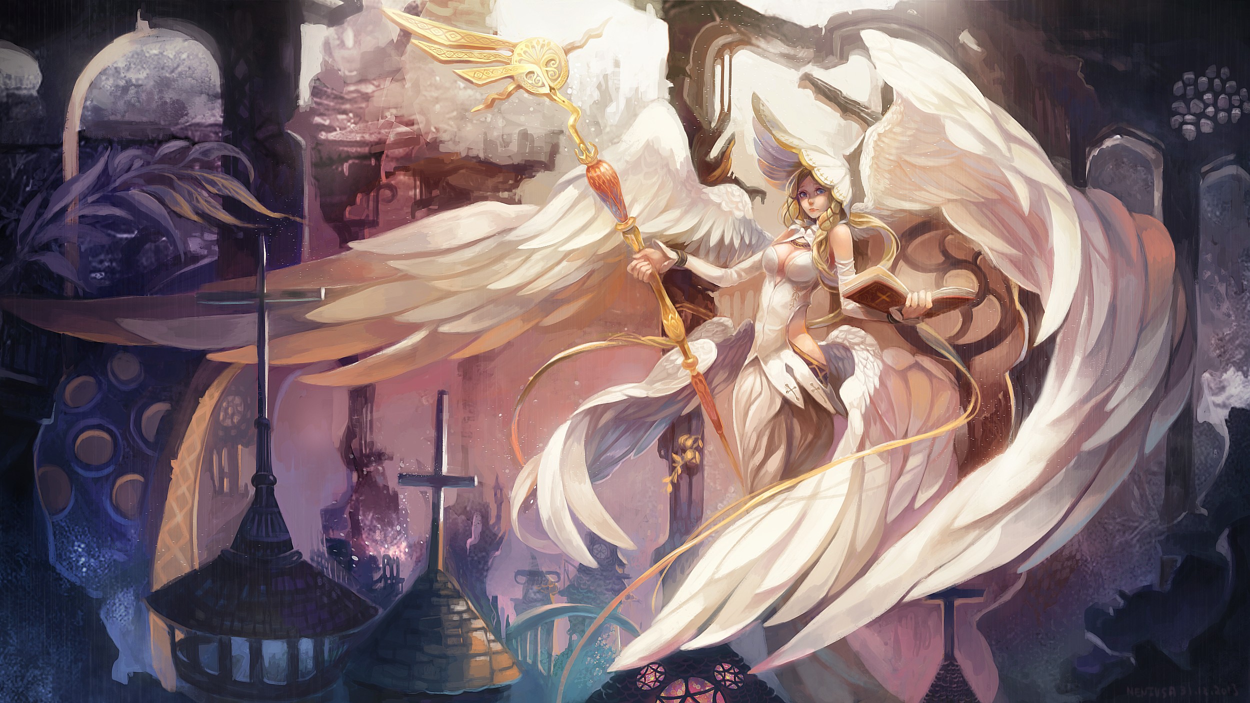 General 2500x1406 women fantasy art angel wings staff fantasy girl