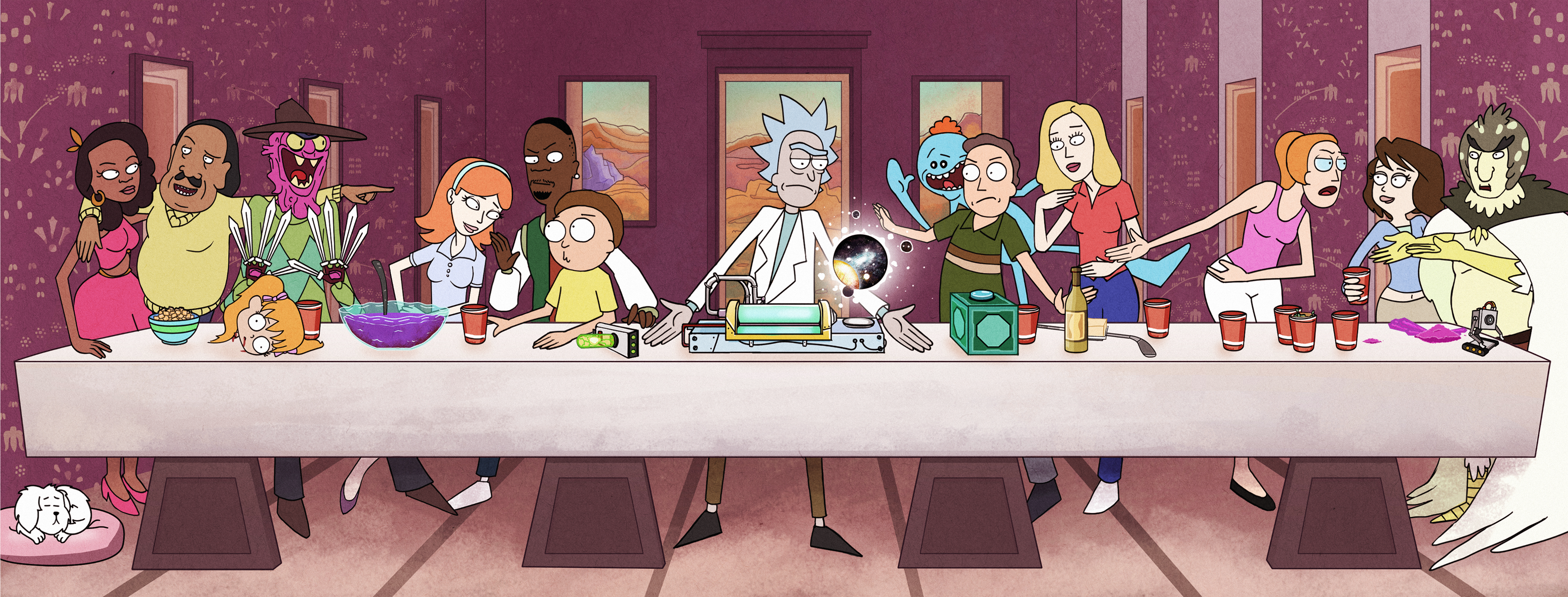 General 3779x1440 Rick and Morty Rick Sanchez Morty Smith Bird Person Beth Smith Jerry Smith Summer Smith Mr. Meeseeks The Last Supper cartoon TV series DeviantArt digital art