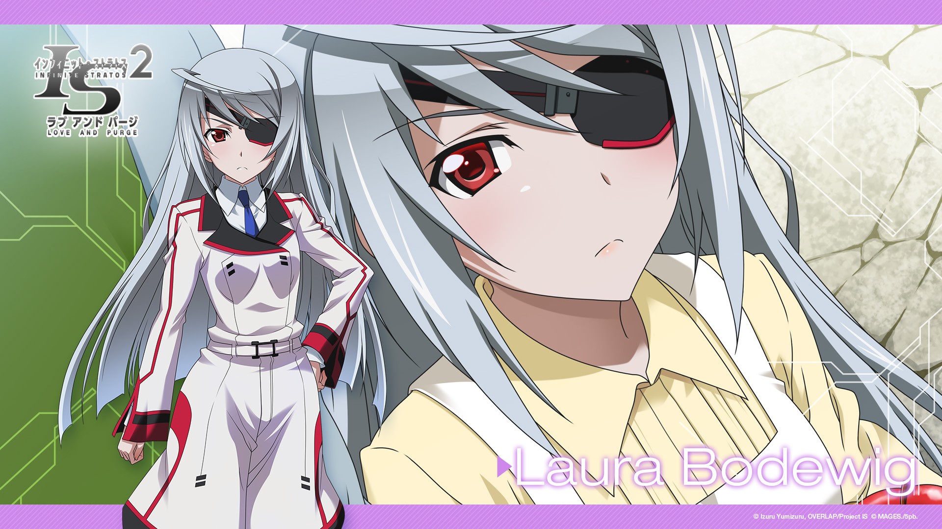 Anime 1920x1080 Bodewig Laura  anime girls Infinite Stratos long hair schoolgirl school uniform silver hair red eyes eyepatches anime looking at viewer frown closed mouth necktie watermarked face