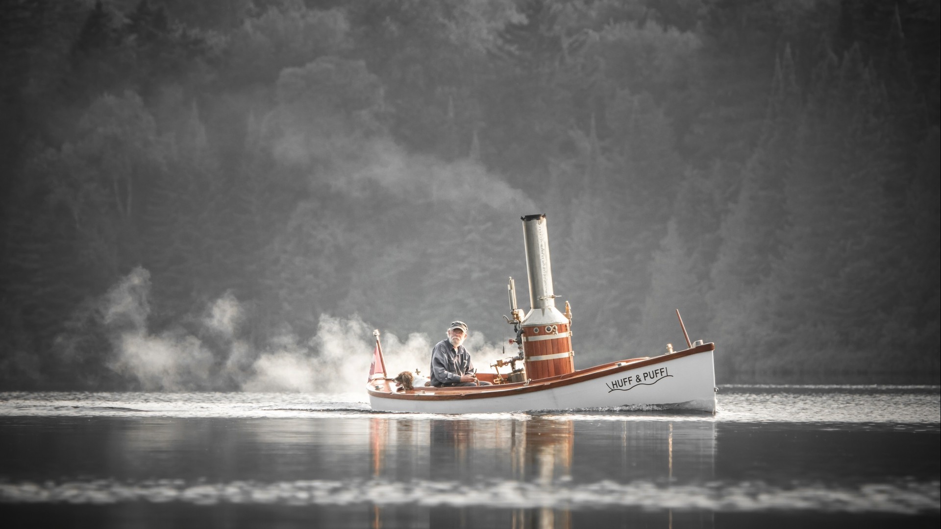 General 1920x1080 nature landscape water boat men old people sailors beard steamship smoke mist lake trees forest pine trees reflection chimneys vehicle