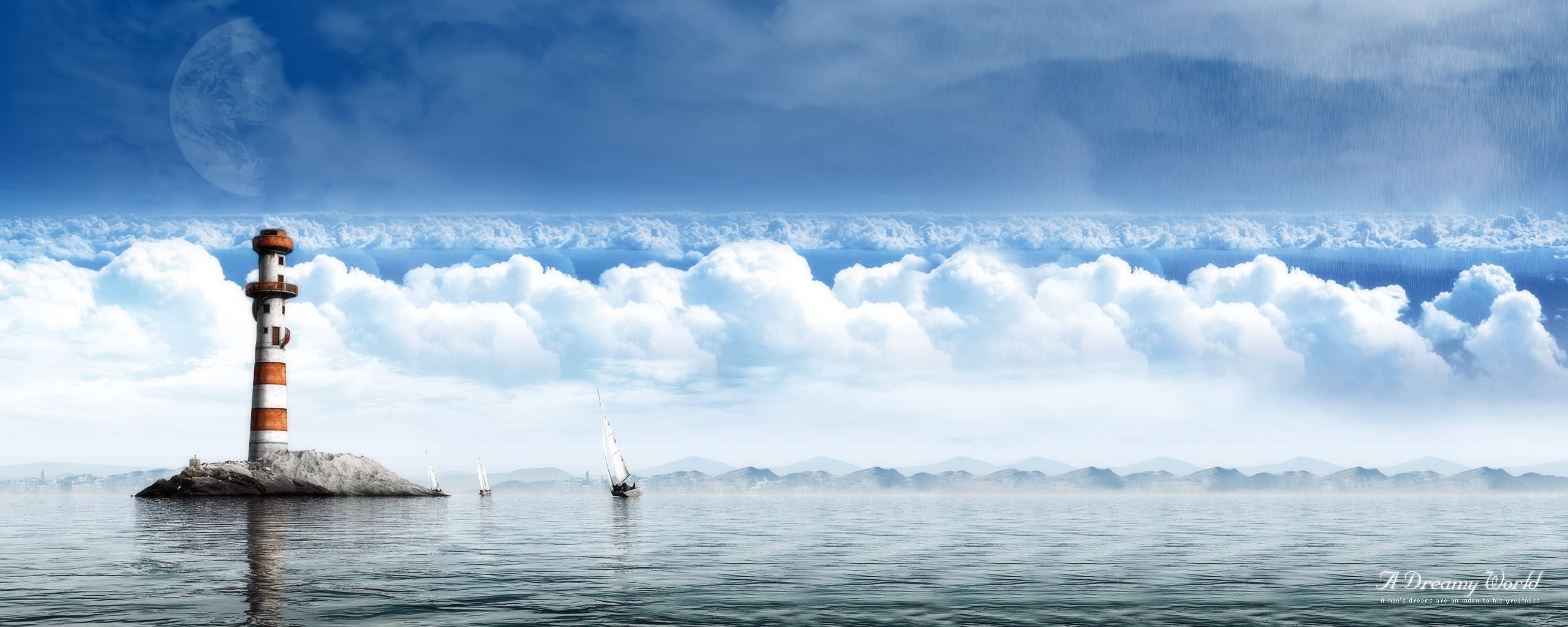 General 2560x1024 artwork clouds lighthouse planet digital art sky horizon water