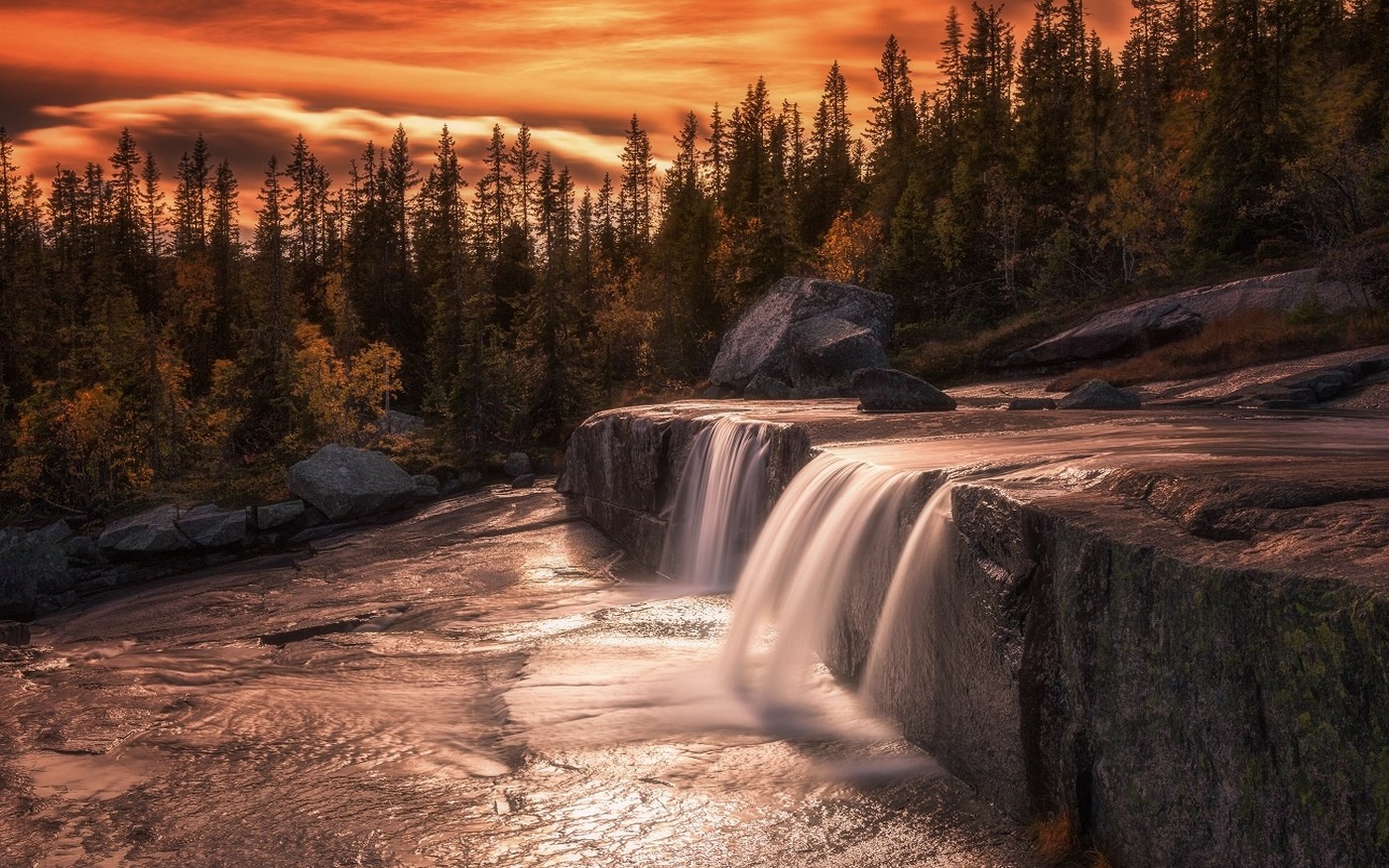 General 1400x875 nature landscape waterfall forest sunset long exposure trees sky clouds stones