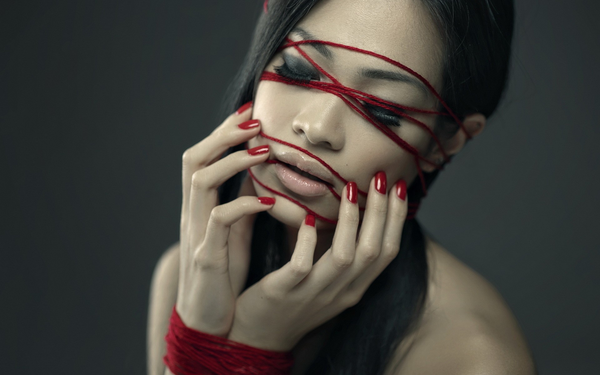 People 1920x1200 women dark hair closed eyes juicy lips hand on face face closeup women indoors model indoors studio Asian makeup red nails painted nails