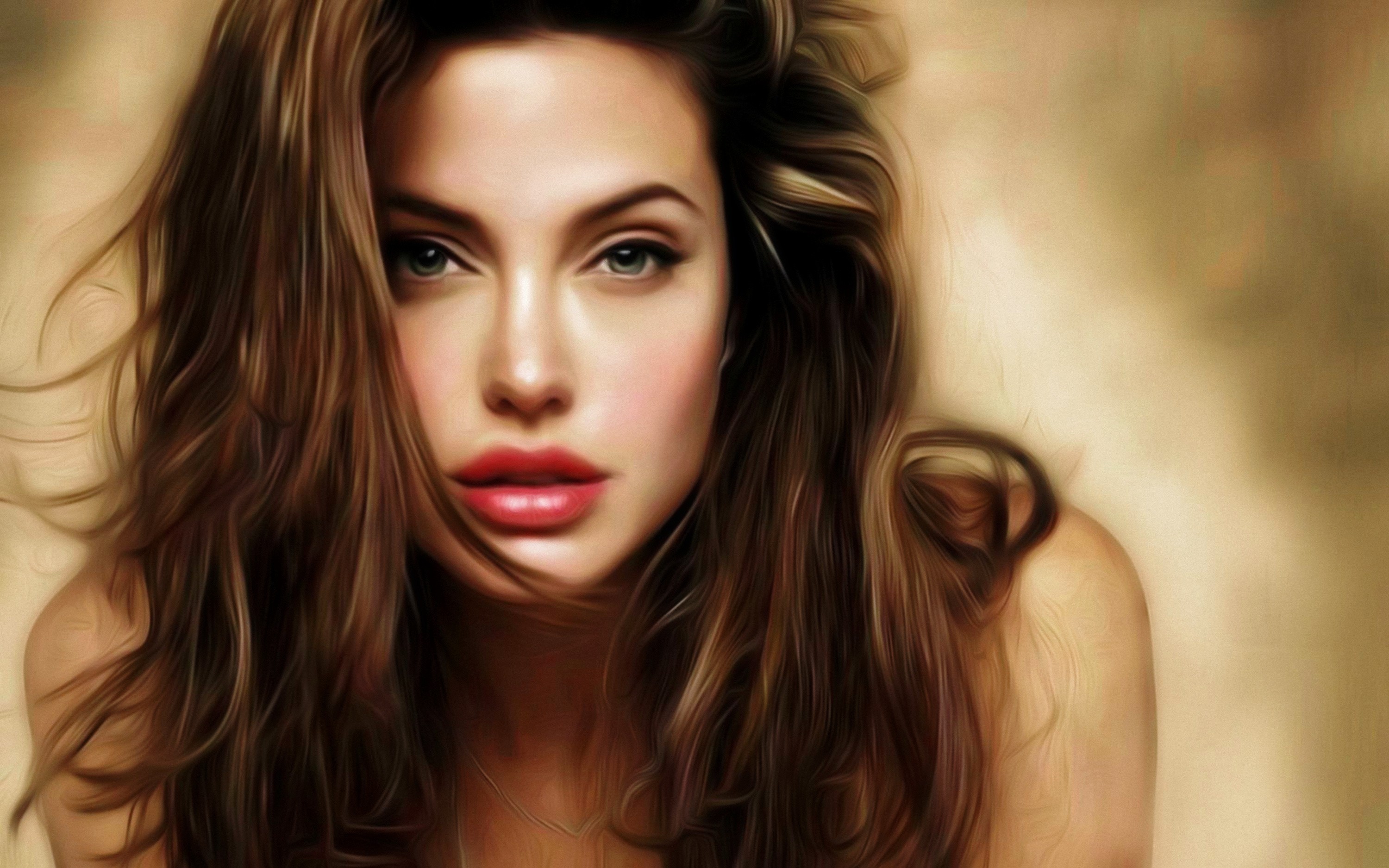 General 3000x1875 women filter face closeup portrait artwork red lipstick simple background looking at viewer long hair celebrity green eyes implied nude Angelina Jolie digital art