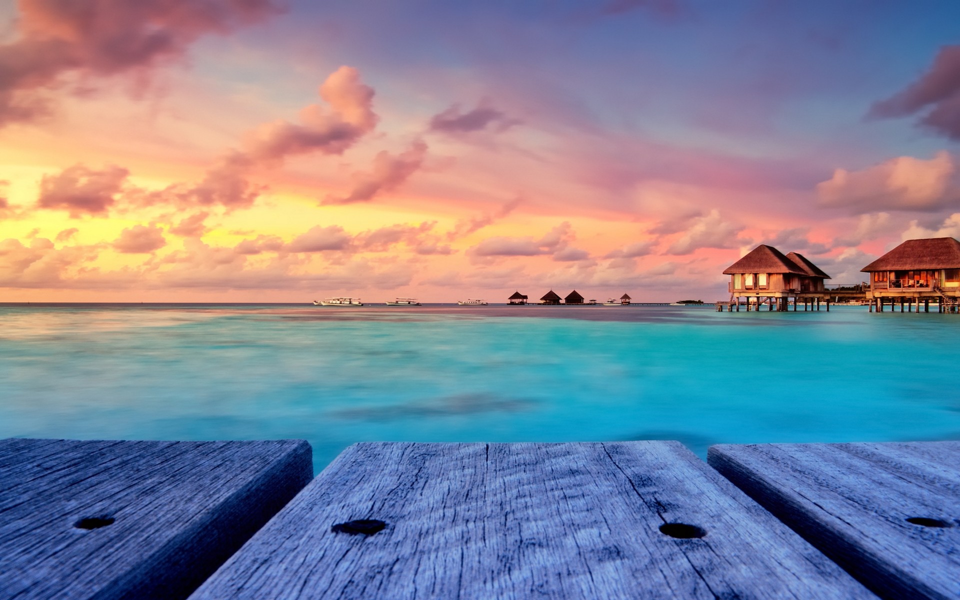 General 1920x1200 tropical beach nature sunset landscape bungalow Maldives resort sky walkway island clouds turquoise water pier pink