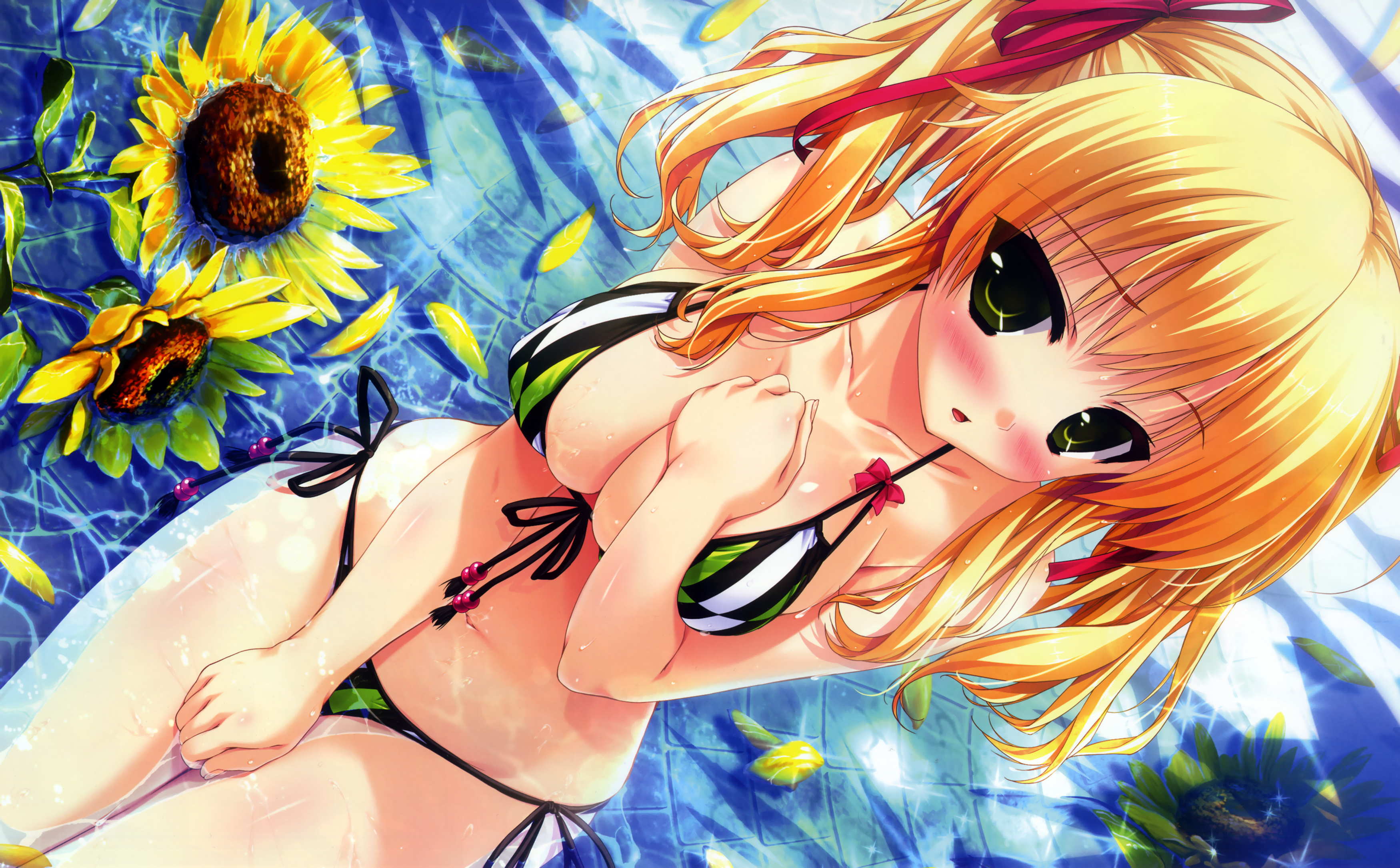 Anime 3500x2170 anime girls anime swimwear blonde Prism Recollection Uisaki Hinano Shintarou flowers sunflowers plants boobs big boobs huge breasts curvy green eyes bikini