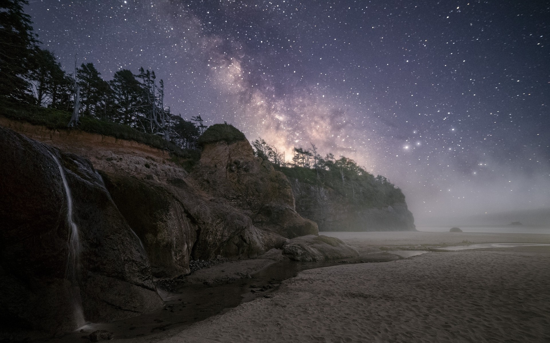 General 1920x1200 nature landscape mist space beach Milky Way starry night sand rocks trees coast