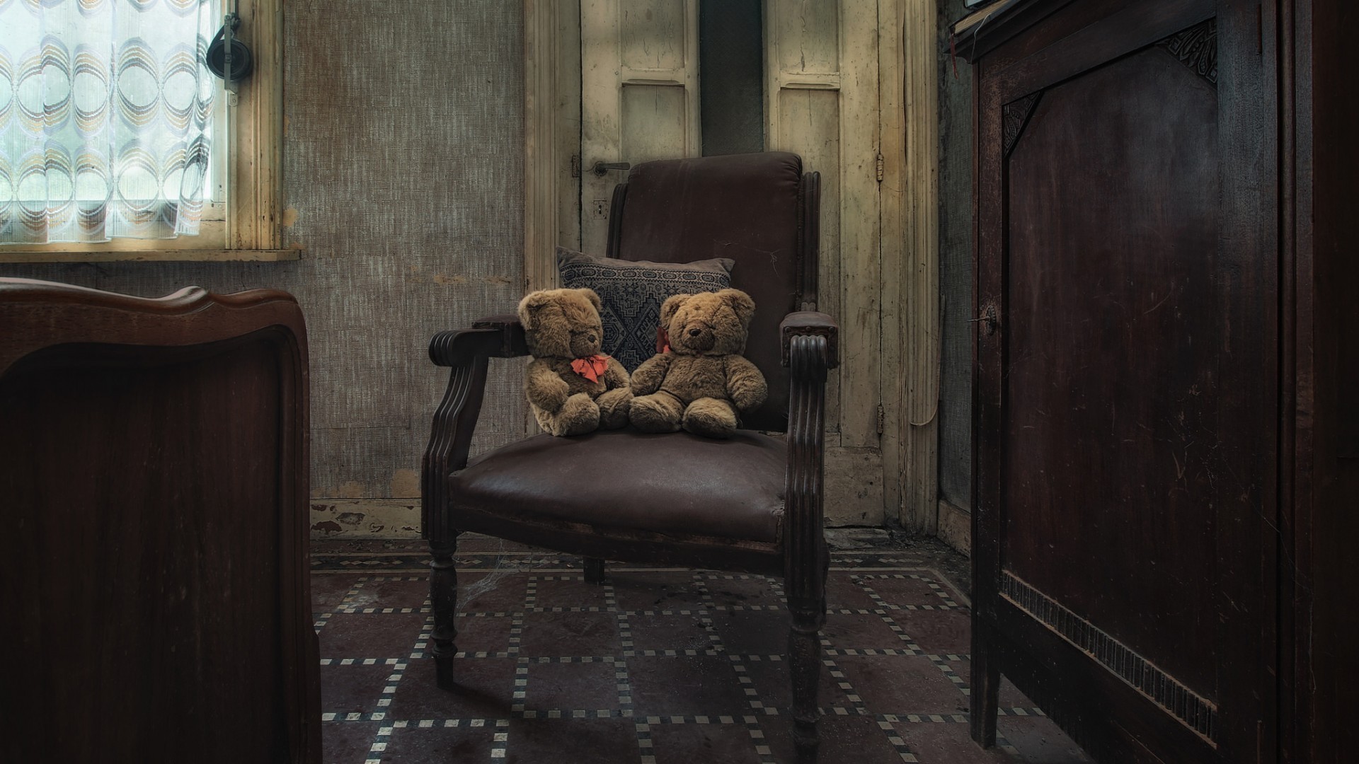 General 1920x1080 interior room chair wall cupboard teddy bears pillow window door abandoned plush toy