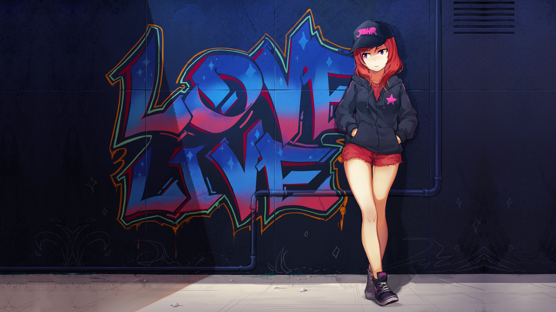 Anime 1920x1080 anime girls anime Love Live! graffiti Nishikino Maki redhead legs together hat women with hats looking away shorts