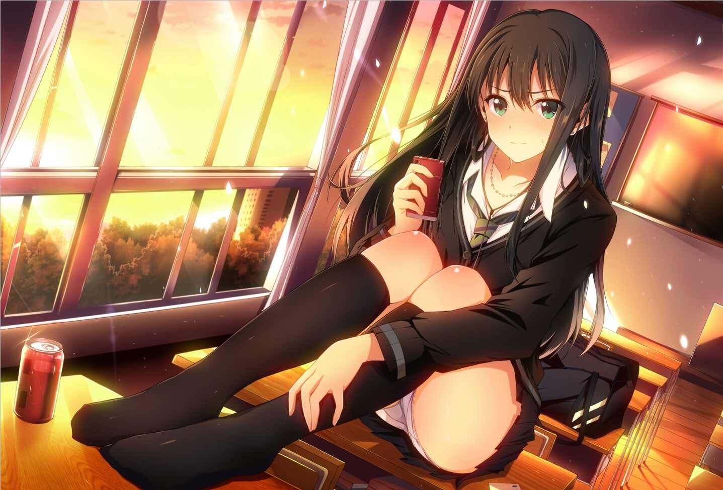 Anime-style illustration of a girl in a black skirt and white knee-high  socks on Craiyon