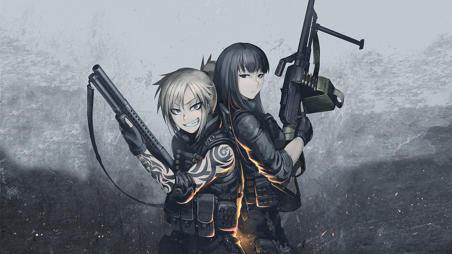 Anime 1920x1080 anime anime girls machine gun Hetza warrior Pixiv girls with guns weapon two women inked girls shotgun looking at viewer
