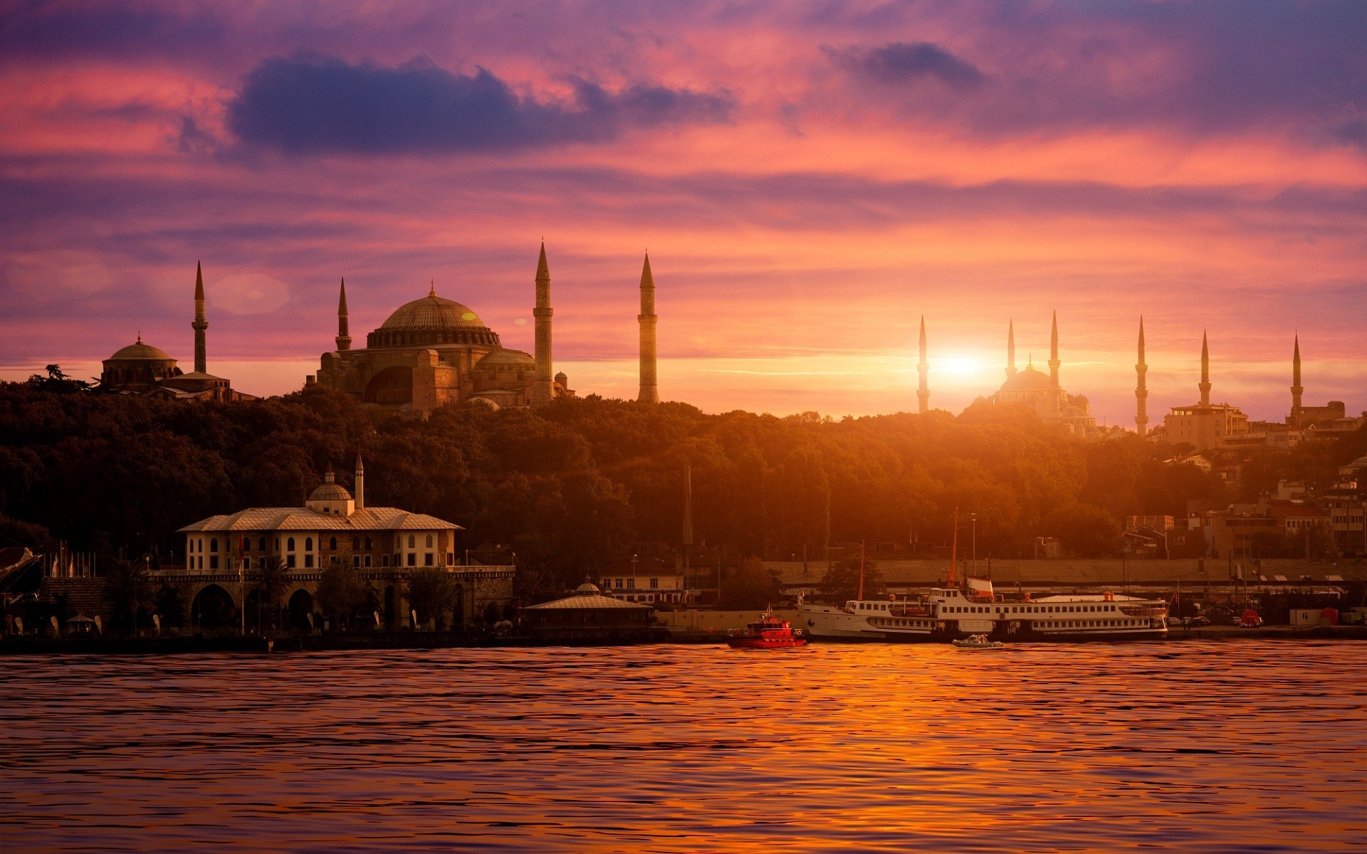 General 1920x1200 city cityscape Istanbul Turkey Sultan Ahmed Mosque Hagia Sophia sea Bosphorus sunset ship architecture Islamic architecture low light