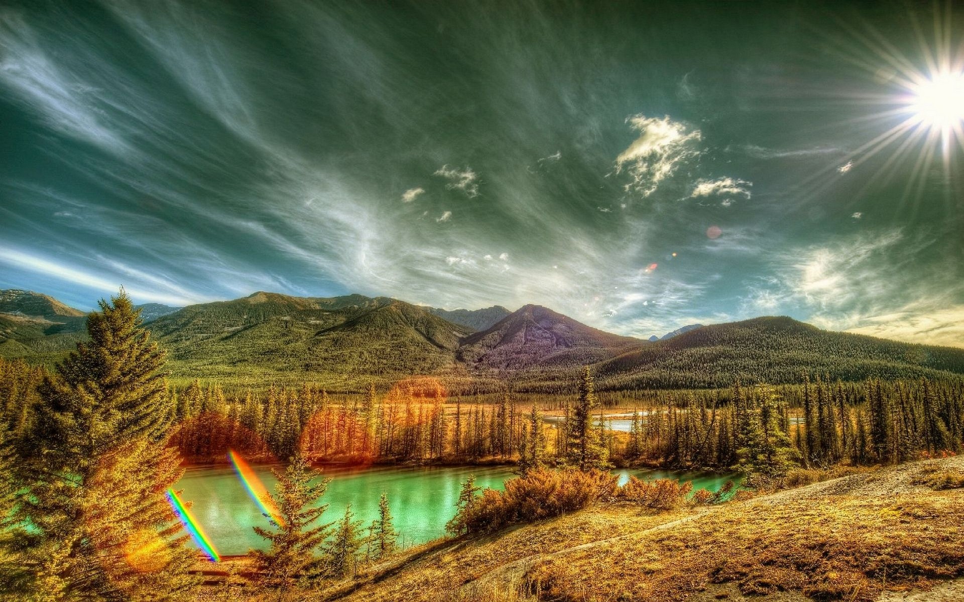 General 1920x1200 landscape nature Canada mountains forest clouds river sun rays trees HDR