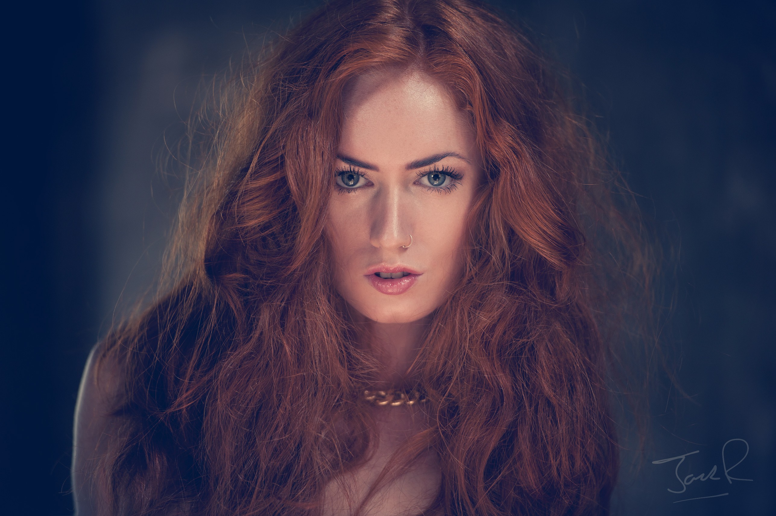 People 2574x1713 women redhead face portrait Jack Russell Jenny O'Sullivan looking at viewer nose ring makeup long hair