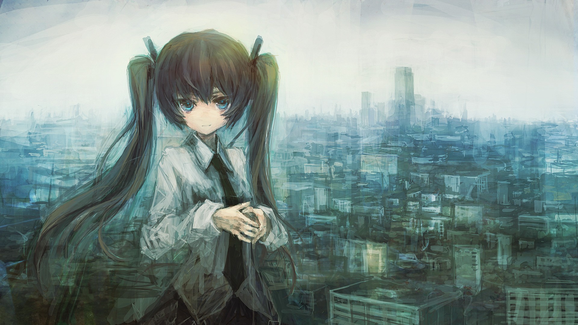 Anime 1920x1080 anime anime girls twintails blue eyes _LM7_ women long hair brunette tie cityscape looking at viewer