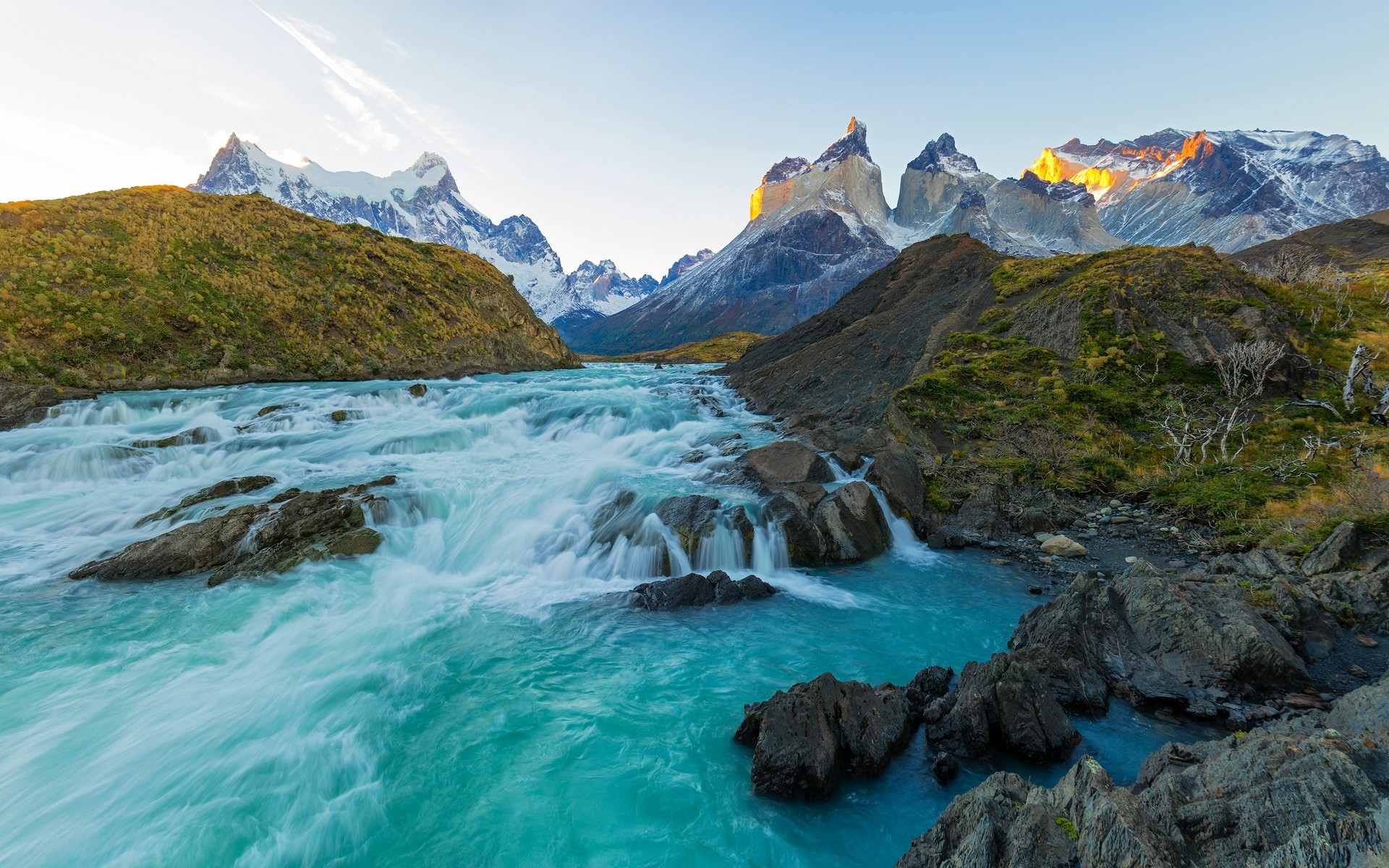 General 1920x1200 nature landscape Chile mountains sunset river rapids snowy peak Torres del Paine turquoise water South America