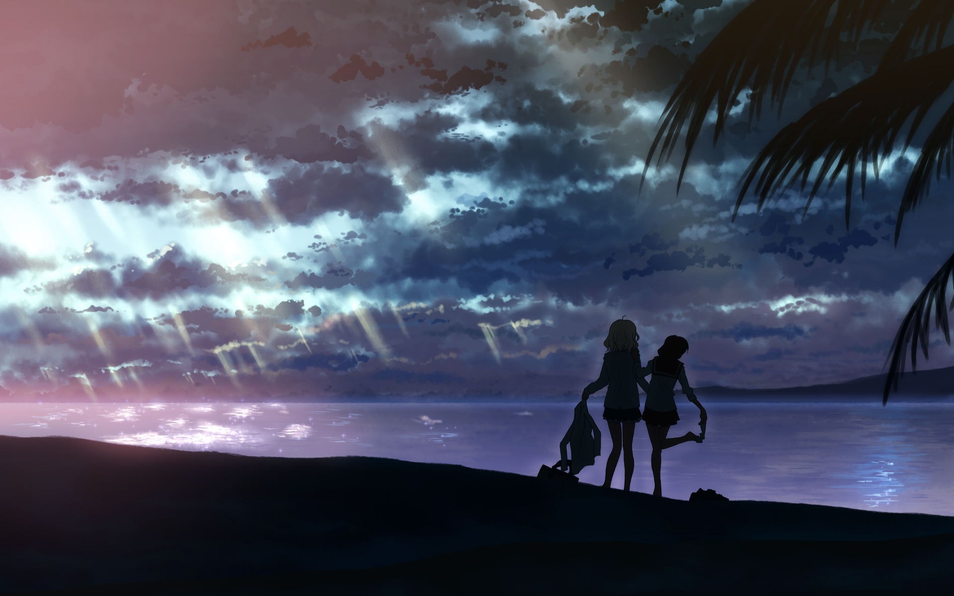 Anime 1920x1200 anime sky undressing clouds outdoors anime girls two women women women outdoors silhouette dark