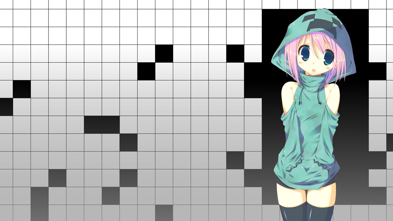 Anime 1500x844 Minecraft creeper anime girls blue eyes pink hair thigh-highs PC gaming video games anime texture hoods standing
