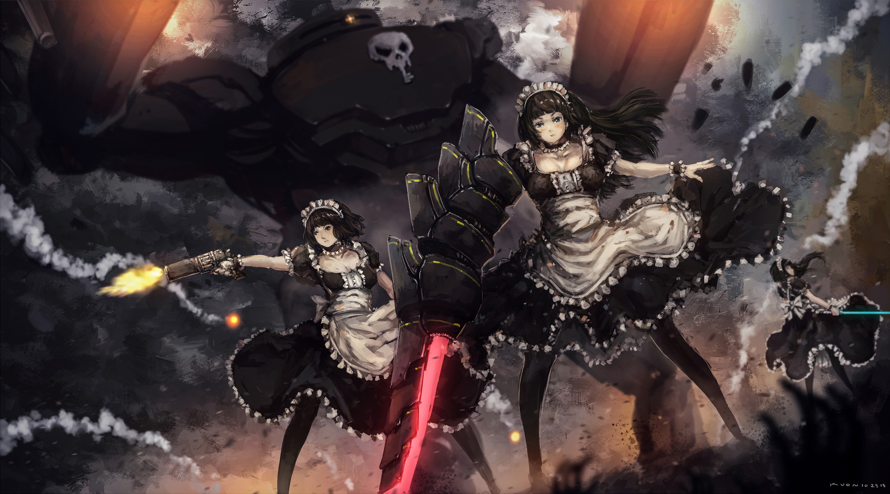 Anime 2903x1611 anime girls original characters maid outfit black hair headdress weapon gun anime girls with guns two women