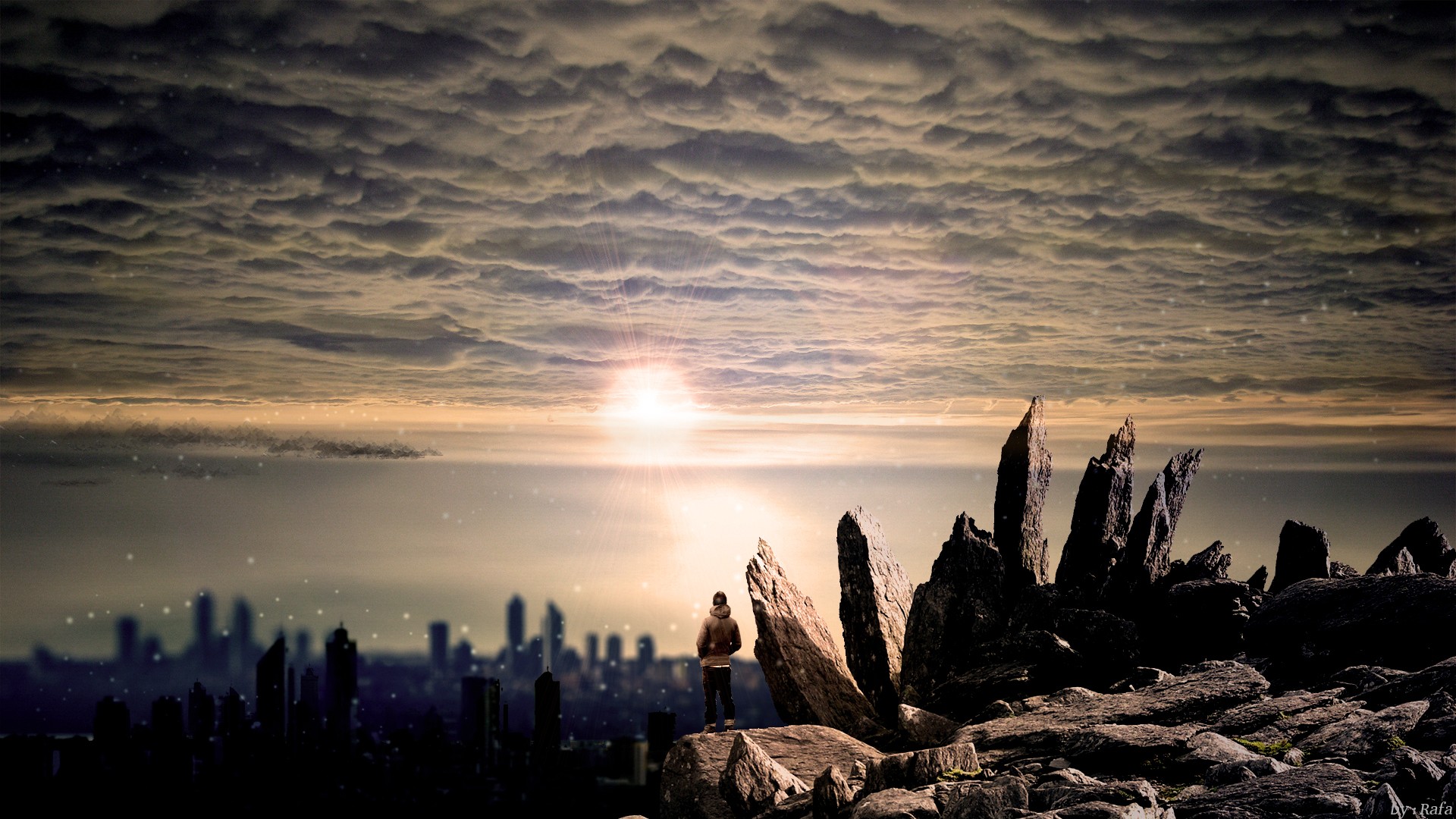 General 1920x1080 digital art sky cityscape sunlight standing rocks clouds