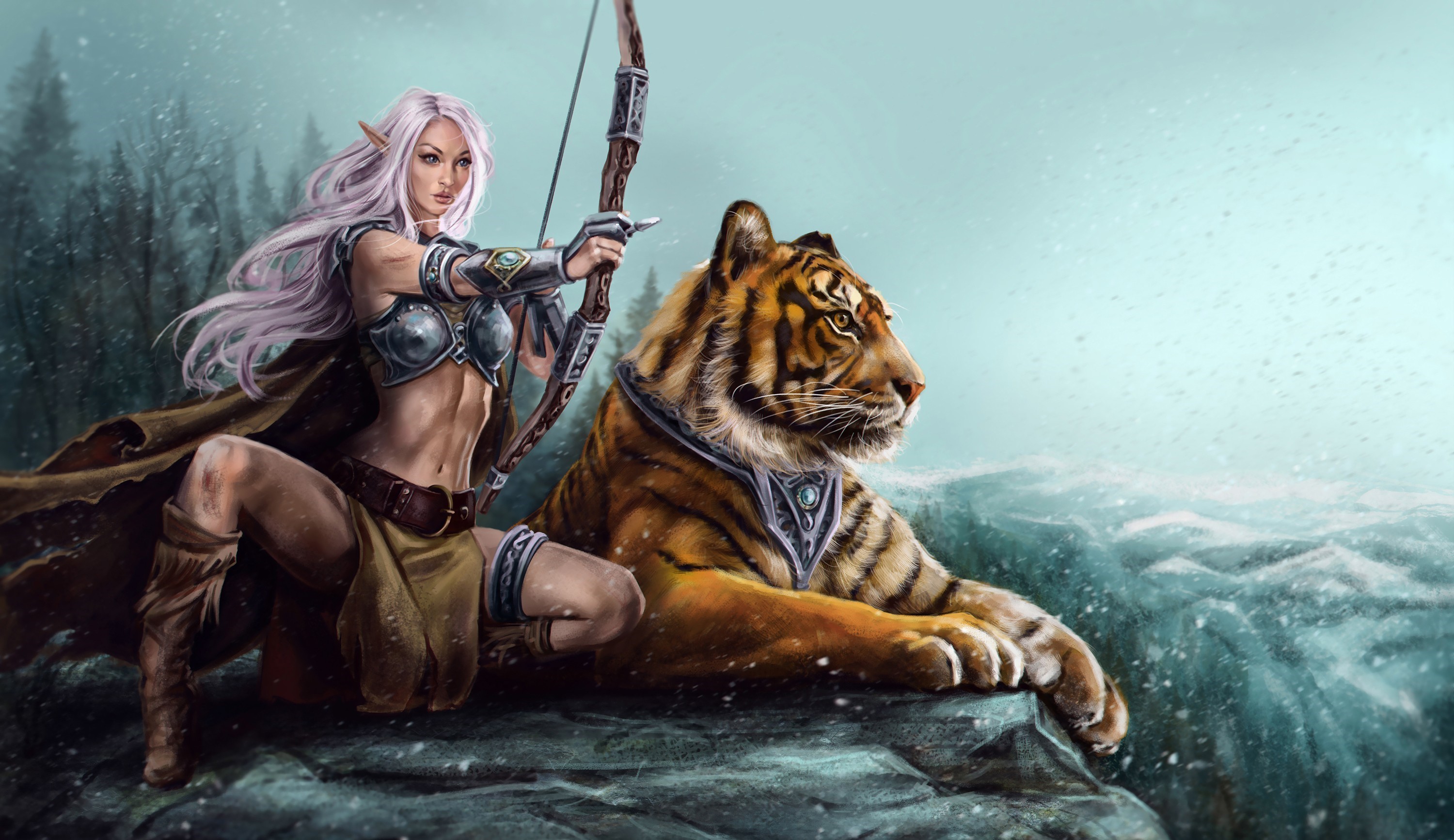 General 3000x1733 archer fantasy art women tiger snow animals spread legs bow long hair pointy ears digital art