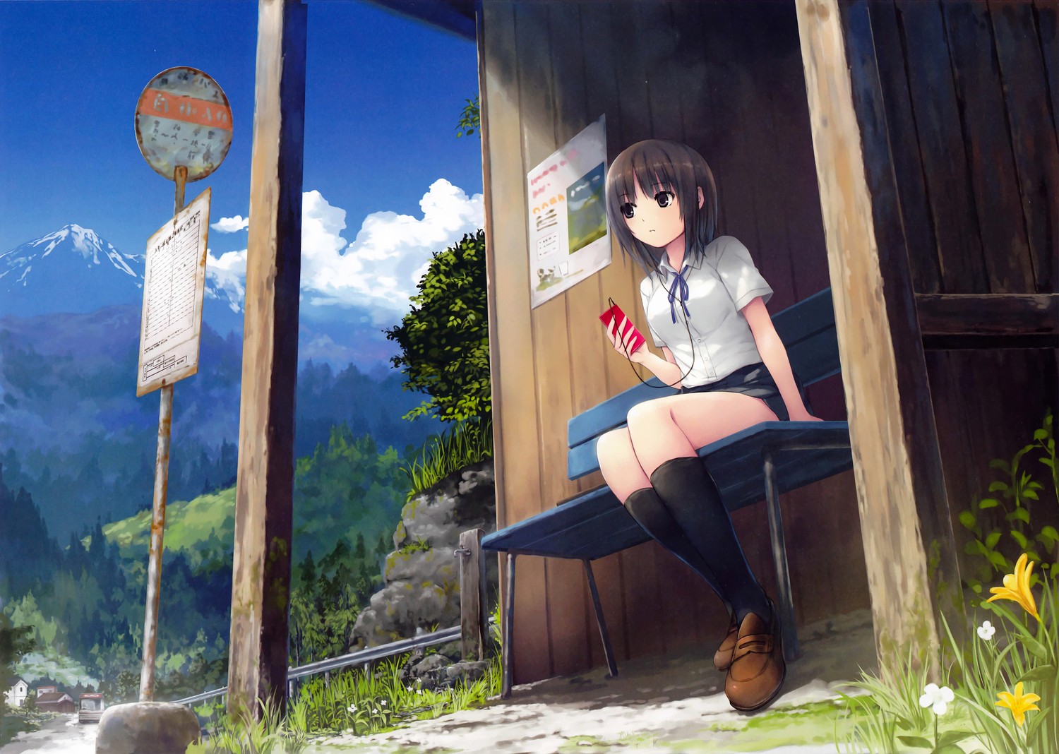 Anime 1500x1068 school uniform anime girls Coffee-Kizoku original characters sitting brunette bus stop sign women outdoors anime