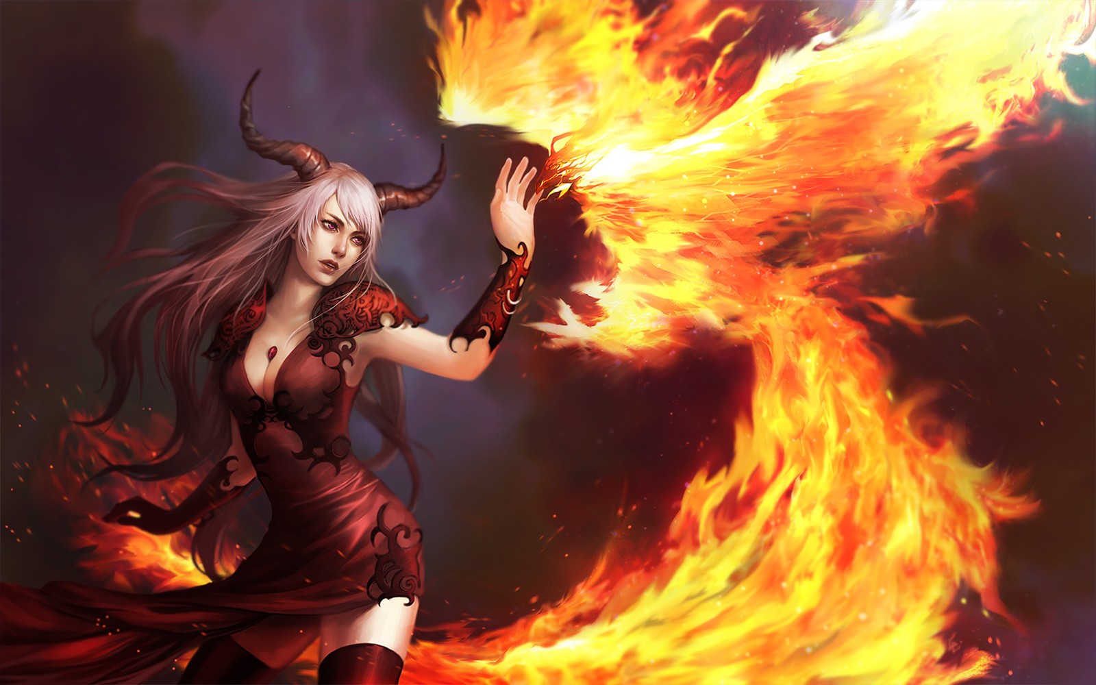 General 1600x1000 phoenix fire women demoness gray hair horns magic fantasy girl fantasy art silver hair