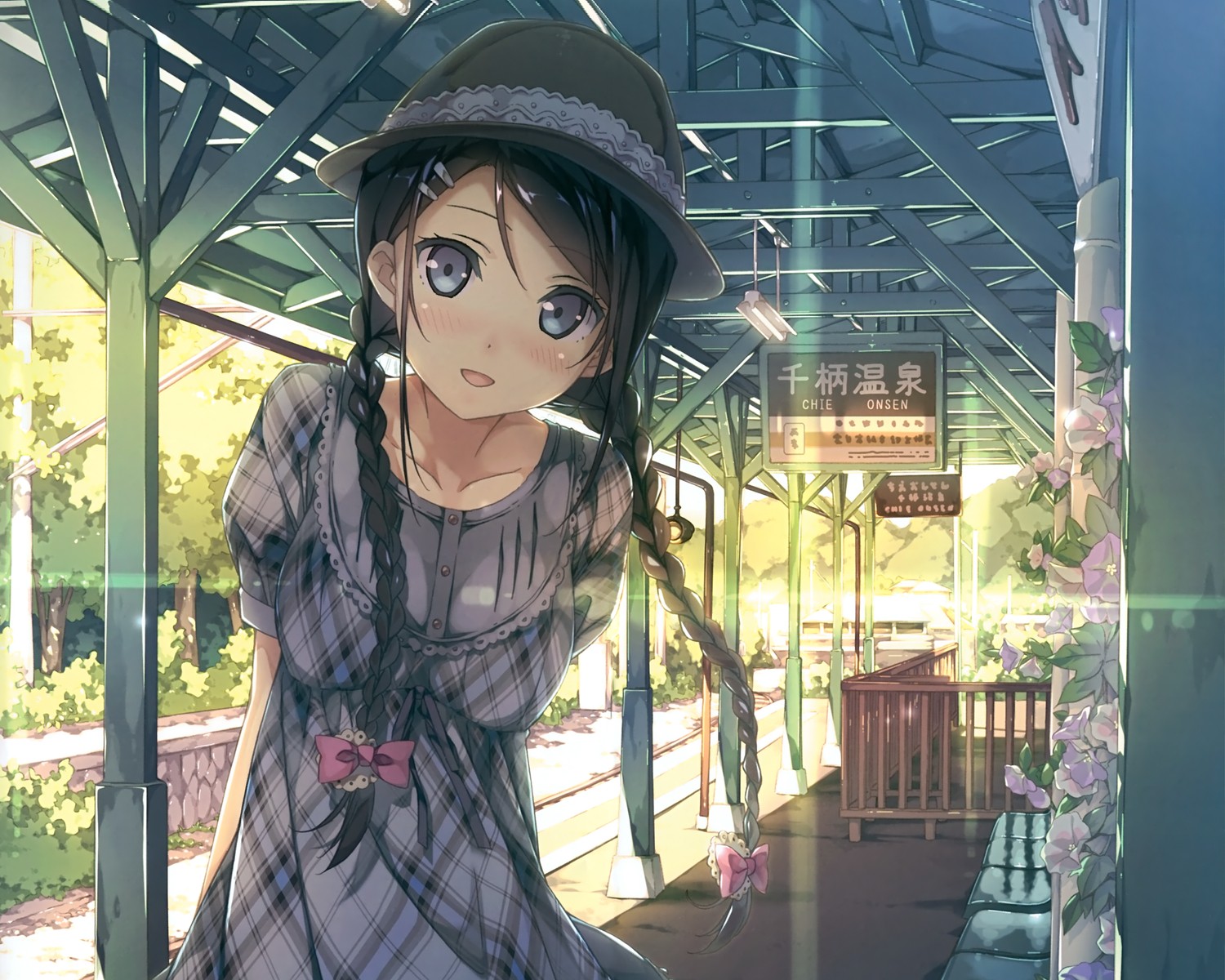 Anime 1500x1200 anime girls train station digital art Kantoku anime hat women with hats flowers dark hair looking at viewer dress braids