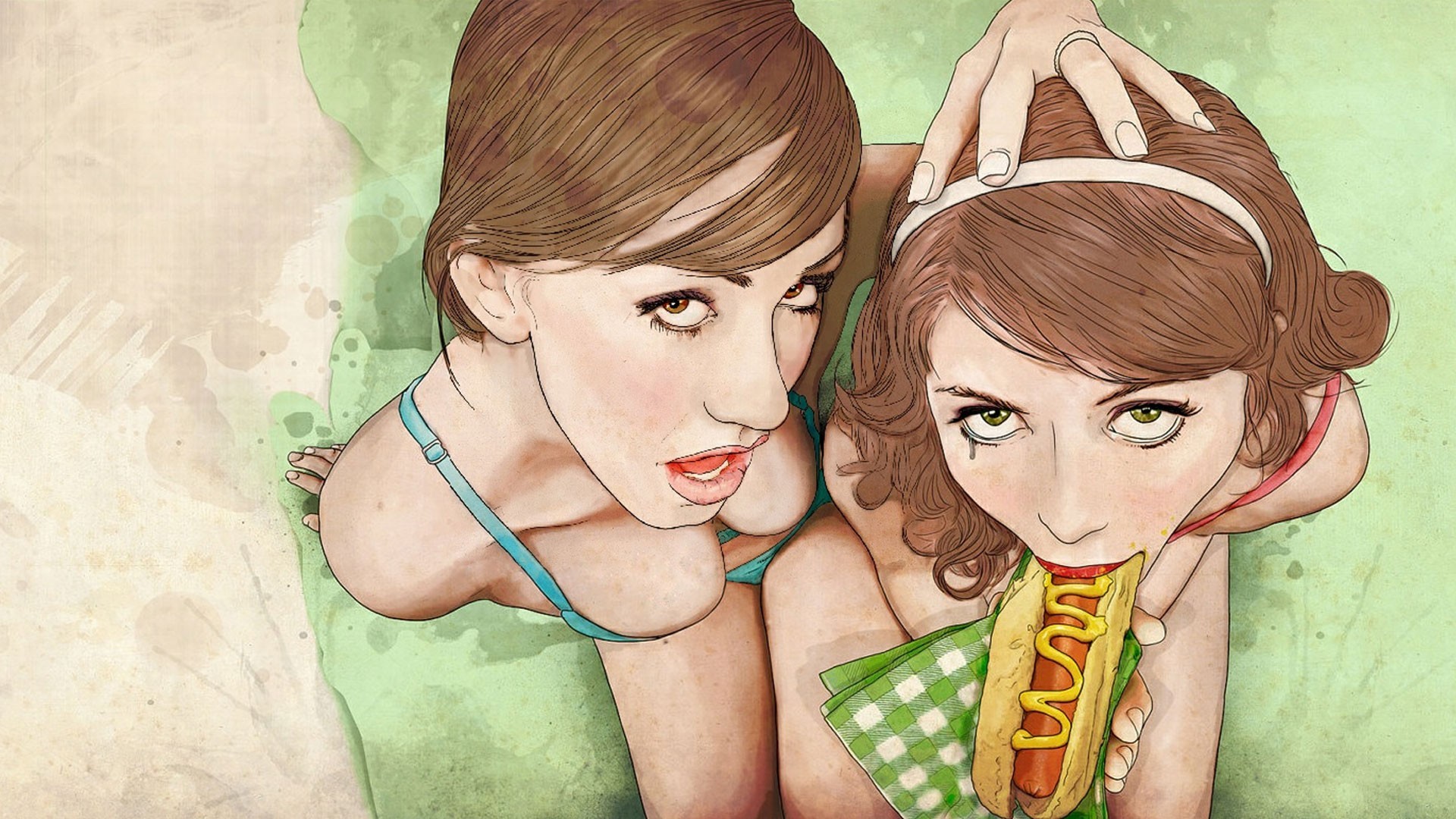 General 1920x1080 cleavage brunette Jennifer White suggestive painting Keith P. Rein artwork hot dogs phallic symbol Ashlyn Rae boobs tears food pornstar sausage looking at viewer teeth looking up open mouth hands on head high angle women makeup parody headband eating mustard